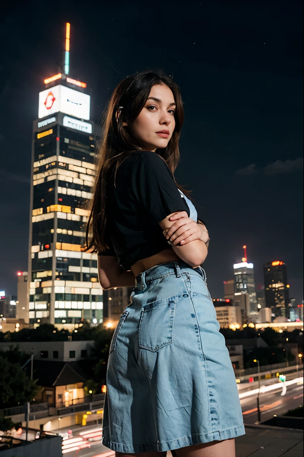 A portrait of a Burnette woman standing Amidst towering skyscrapers and city lights