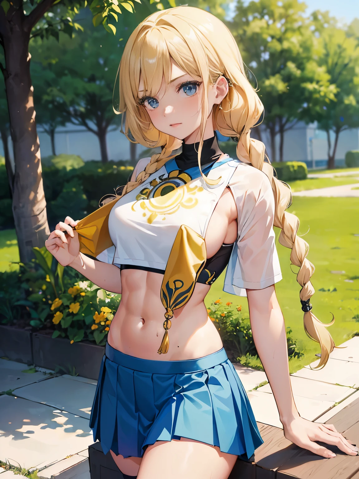 1 girl, 8k, best quality, Perfect body, ultra high definition, masterpiece, beautiful girl, seductive girl, anime girl, anime style, ((Wearing a white oversized top, Wearing a blue short mini pleated skirt, Wearing high-top white, short sleeves)), In the park, ((blonde hair, long hair, two braids, big deal , very slim, narrow thali, sporty, Mild abs)), pose, Sexy, Lovely, sweaty,(((Show belly, Bare belly))), Permanently installed, looking at the audience, do excercise, running