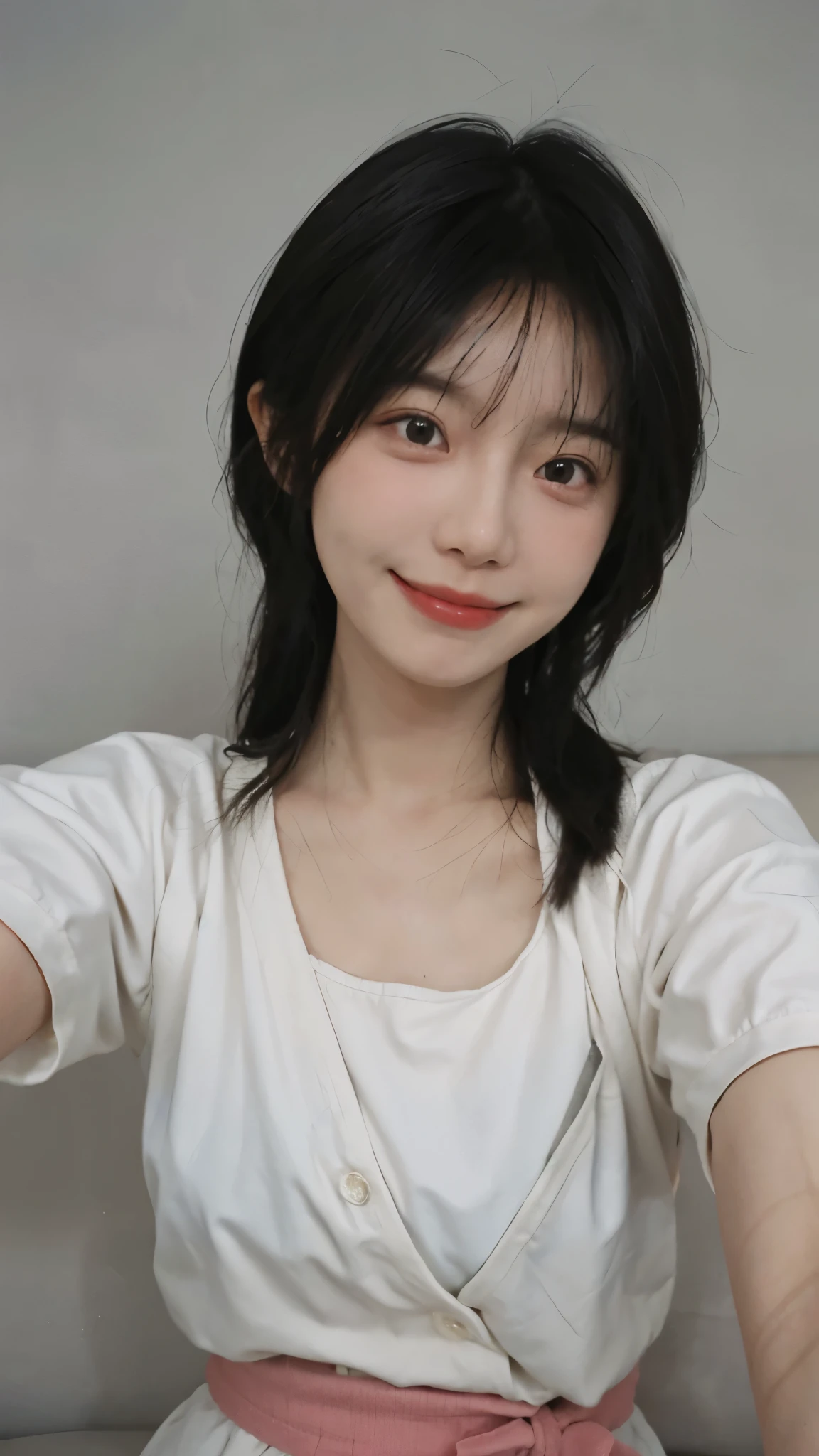 best quality， ultra high resolution， White background，Young cute asian face, With cute doting eyes, 8k selfie photos, cute korean face, 年輕cute korean face, Slightly cute smile, Cute and delicate face, Clear and lovely face, smile and open your eyes, 女孩Cute and delicate face, young cute face