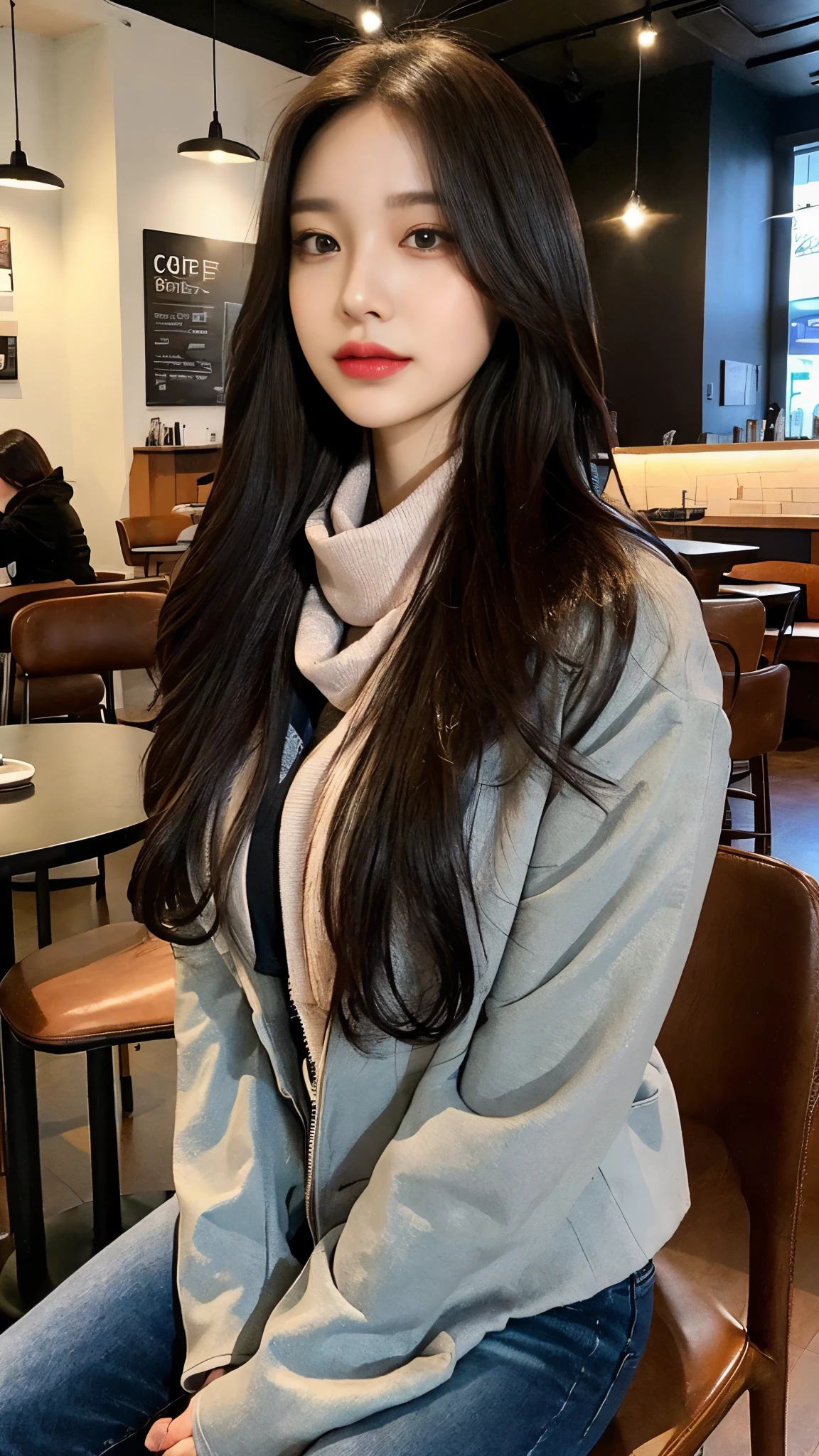 (realistic, high resolution:1.2), 1 girl, really nice face and eyes, long hair, black jacket and scarf, short jeans, sit on the coffee chair, at a cafe, coffee on the table, big bust