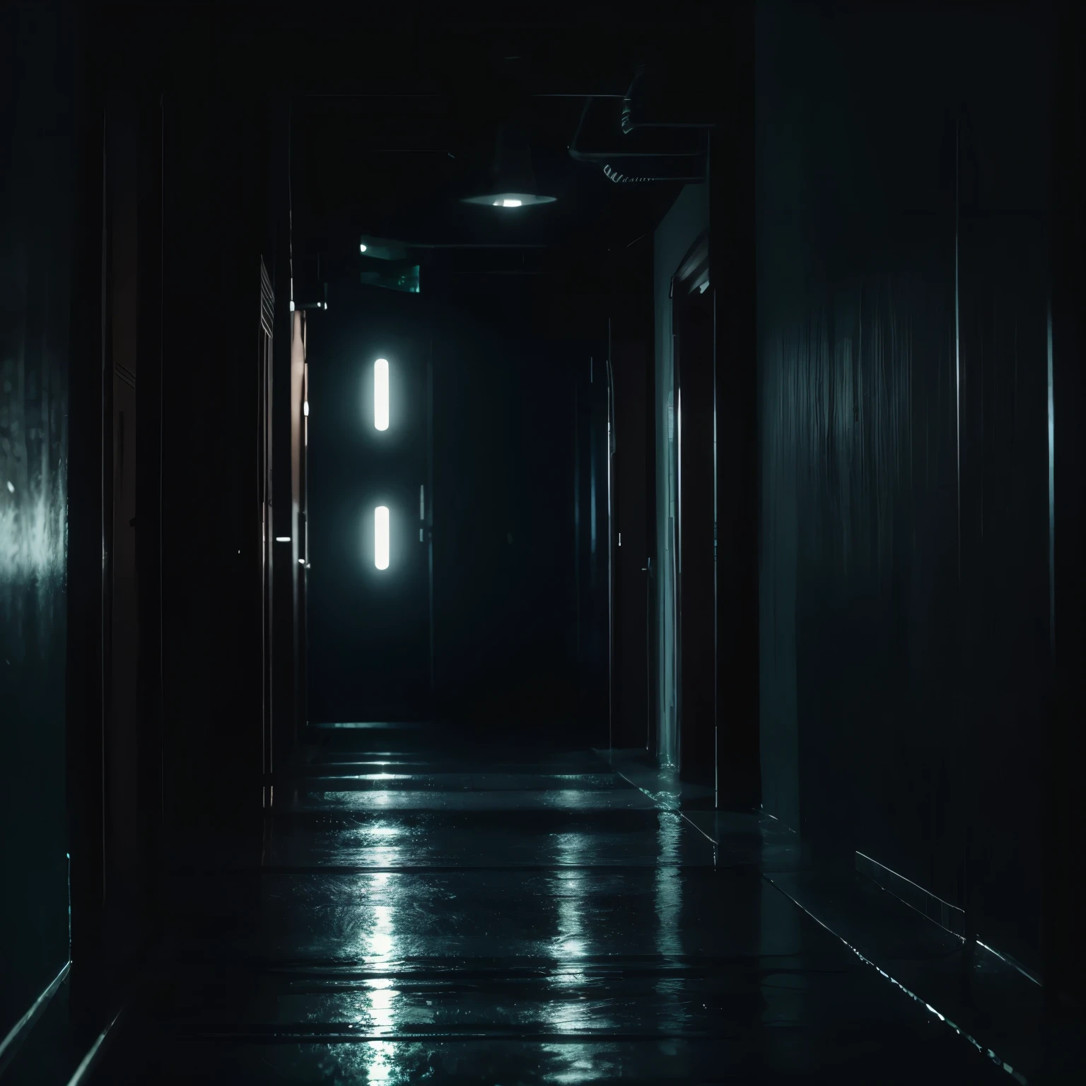 dimly lit hallway, flashing lights, scary atmosphere