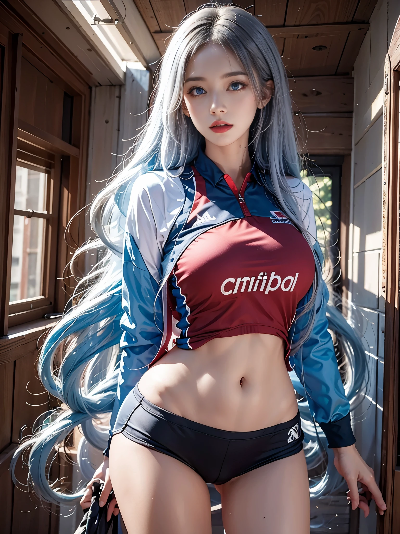 realistic, High resolution, soft light, 1 female, alone, hip up, (blue eyes, long hair, gray hair), volleyball uniform, hip up