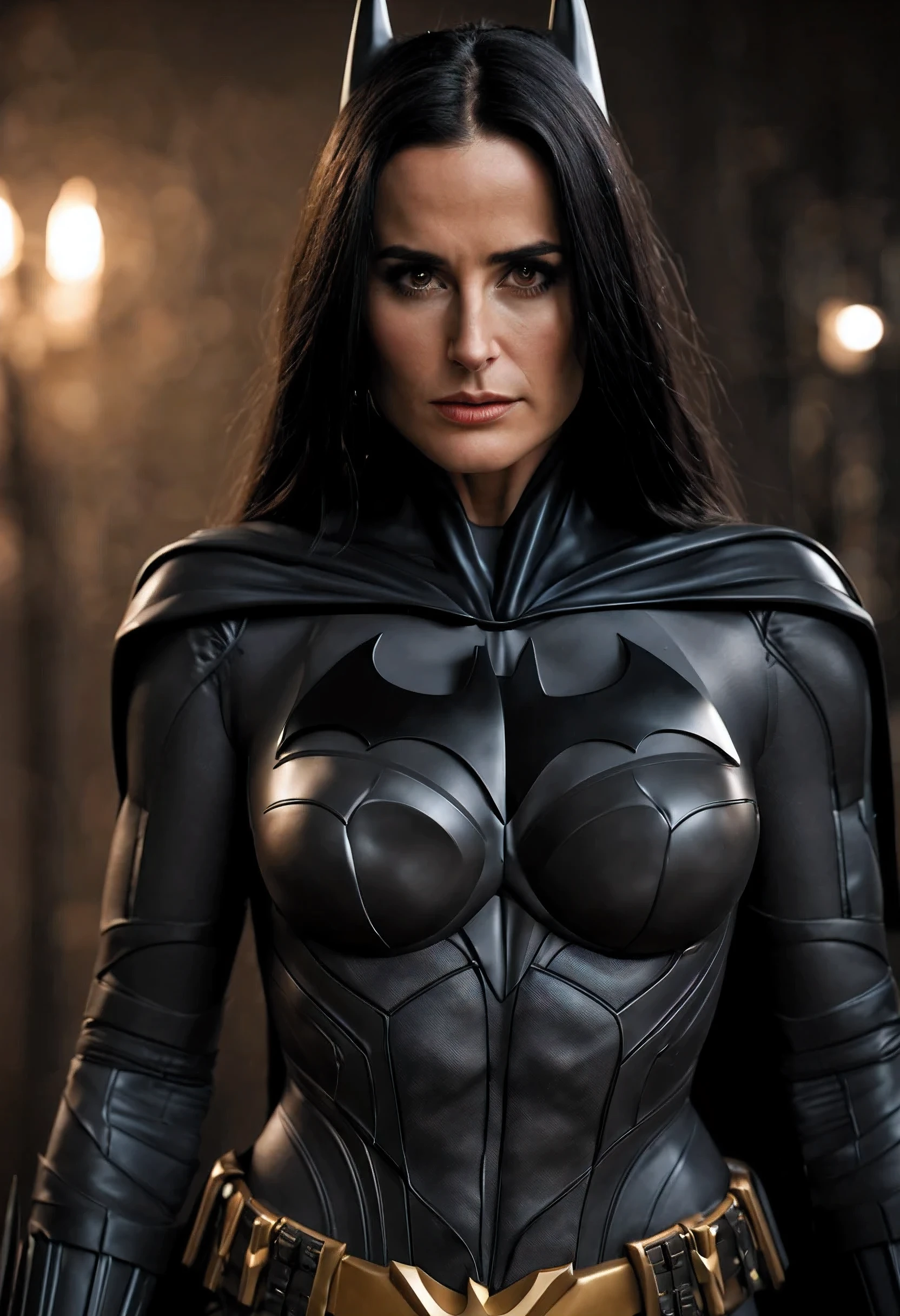 Details about Demi Moore in Batman cosplay, quality of artstation costumes, smooth skin and facial features, sharp emphasis on the details of the face and costume, 8K resolution for maximum clarity and detail, emphasis on the lower chest with a natural contour