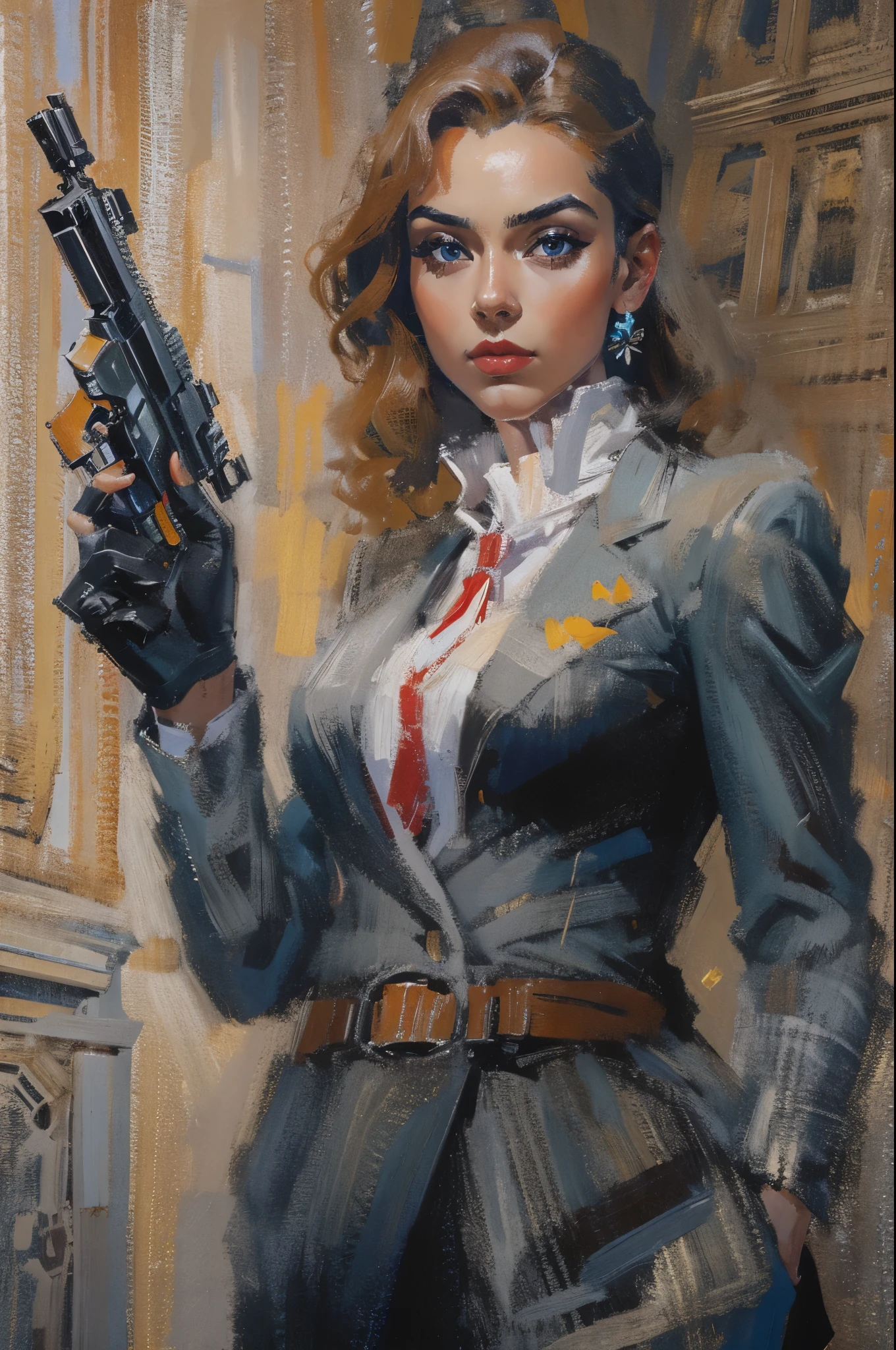 Agent 007，standing holding pistol，Surrealism，painting，ink，acrylic painting，masterpiece，renaissance style，best quality，high resolution，Super fine，Delicate eyes，facial details，hair details，precise，Clear eye focus close-up