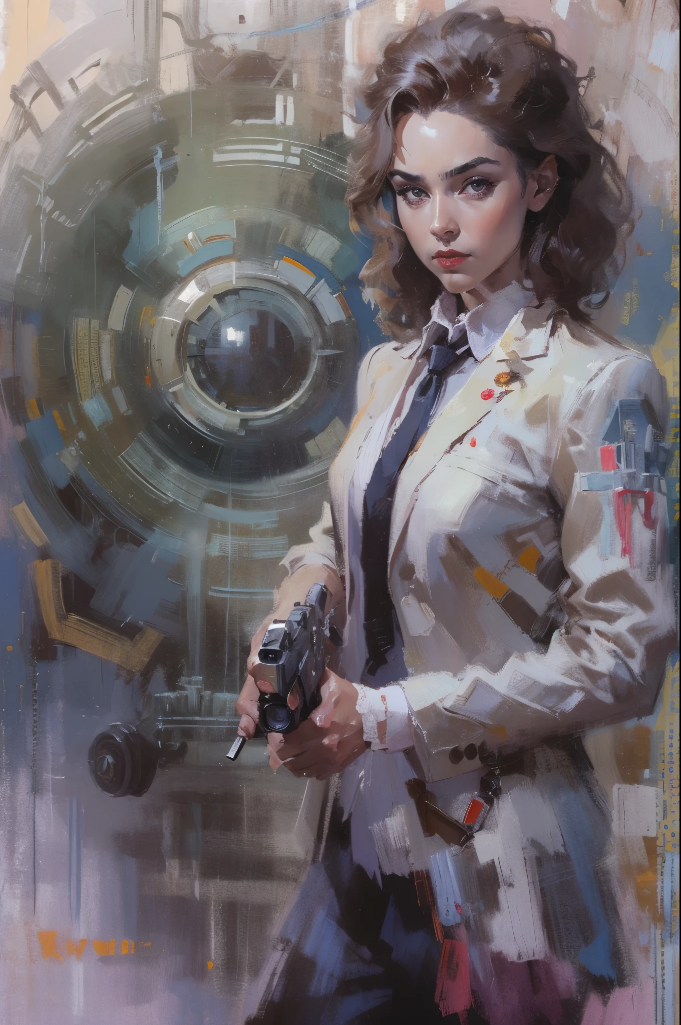 Agent 007，standing holding pistol，Surrealism，painting，ink，acrylic painting，masterpiece，renaissance style，best quality，high resolution，Super fine，Delicate eyes，facial details，hair details，precise，Clear eye focus close-up