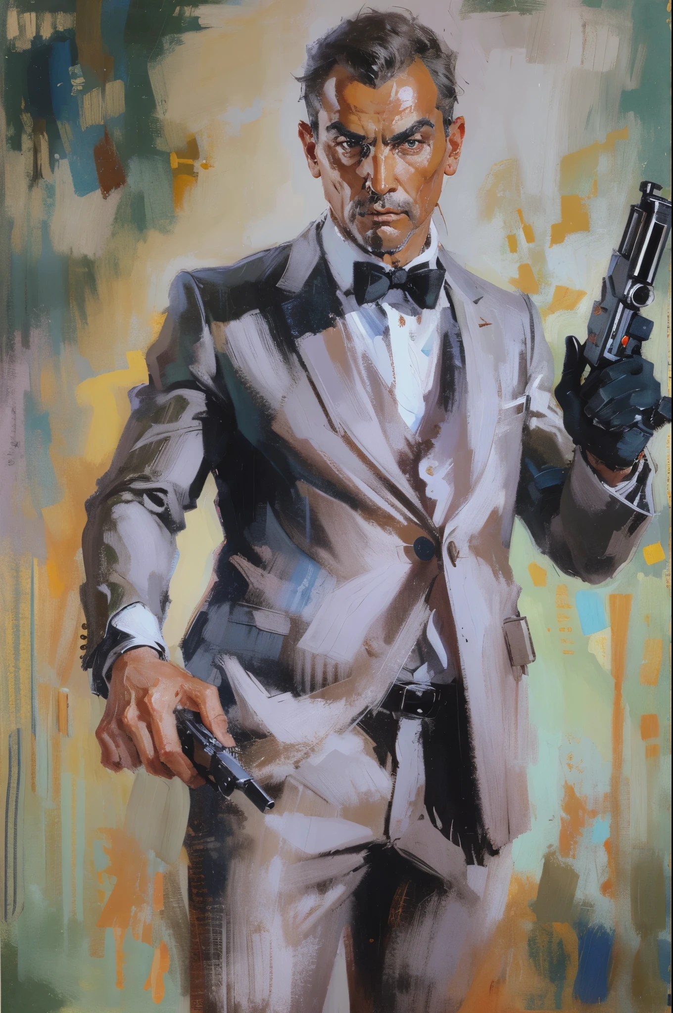Agent 007，standing holding pistol，Surrealism，painting，ink，acrylic painting，masterpiece，renaissance style，best quality，high resolution，Super fine，Delicate eyes，facial details，hair details，precise，Clear eye focus close-up