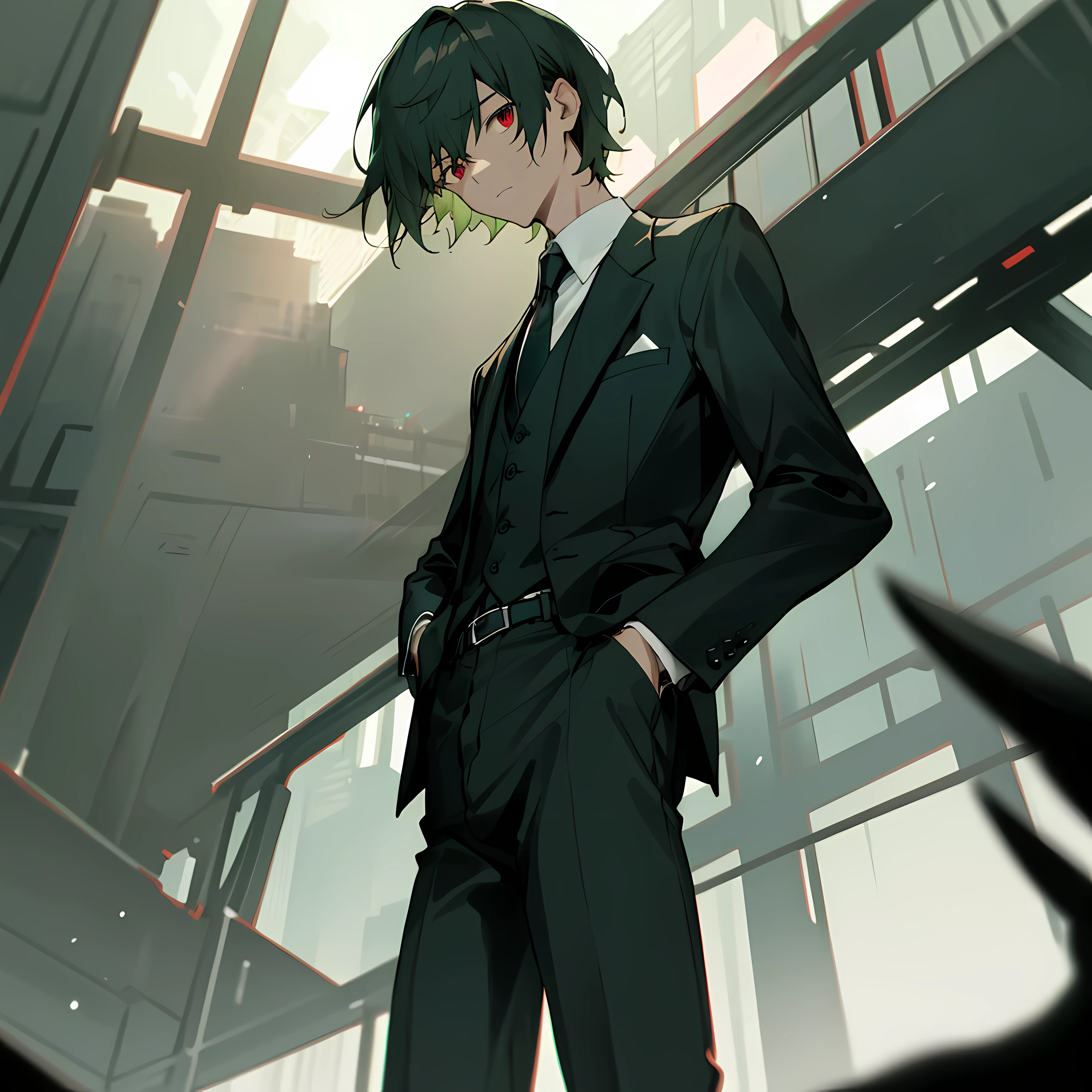 (masterpiece, best quality),(((from below, depth of field, dutch angle, green lighting))), 1boy, solo, formal, hands in pockets, suit, building, looking at viewer, black necktie, white shirt, city, outdoors, black jacket, belt, black pants, collared shirt, red eyes, standing, long sleeves, red, cityscape, cowboy shot, skyscraper, black suit, night, pant suit, medium hair