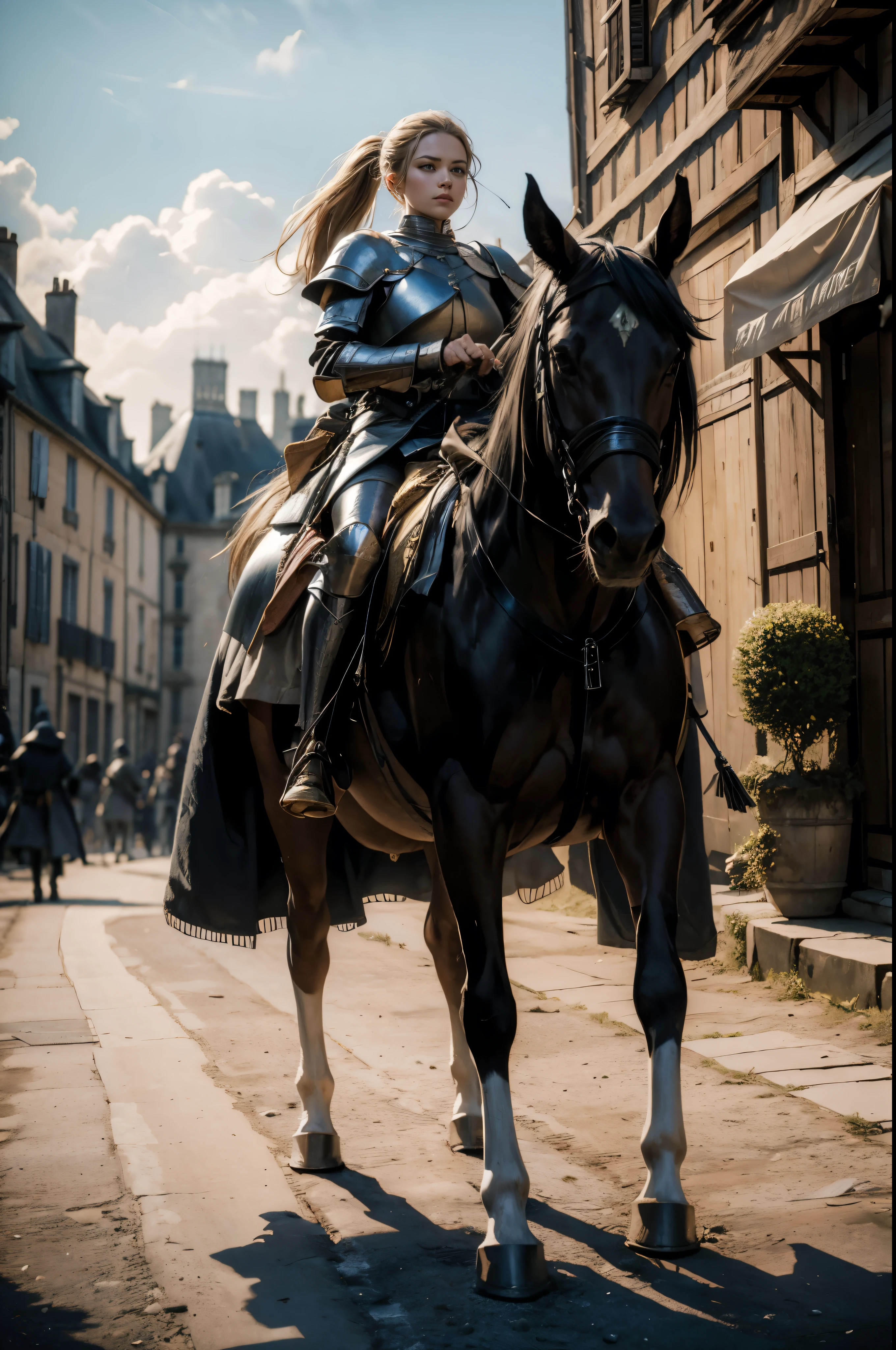 ((Wide angle view of the Hundred Years' War in France)), beautiful young woman, black hair in a ponytail, smooth, wear glasses, สวมชุดเกราะของ Jeanne d'Arc