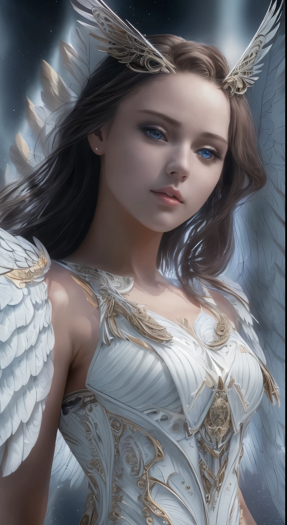 arafed image of a woman with wings on her head, 3 d goddess portrait, portrait of a beautiful angel, young harpy-girl, harpy woman, goddess. extremely high detail, beautiful female angel, portrait of a beautiful goddess, moebius + loish + wlop, beautiful angel girl portrait, winged head, winged human, 3 d goddess minerva, winged, charlie bowater character art, beautiful angel girl portrait, beautiful female angel, Artemis, warrior, white wings, long brown hair, by Alphonse Mucha, RF 85mm F1.2L USM DS, 8K, Ultra Realistic, high octane, ultra-resolution, amazing detail, perfection, In frame, UHD, 32k, 3D shading, Tone Mapping, Ray Tracing , Super-Resolution, Natural Lighting, volumetric lighting, Matte, insanely detailed and intricate, hypermaximalist, elegant, ornate, hyper realistic, super detailed, detailed, 8k, anamorphic lighting