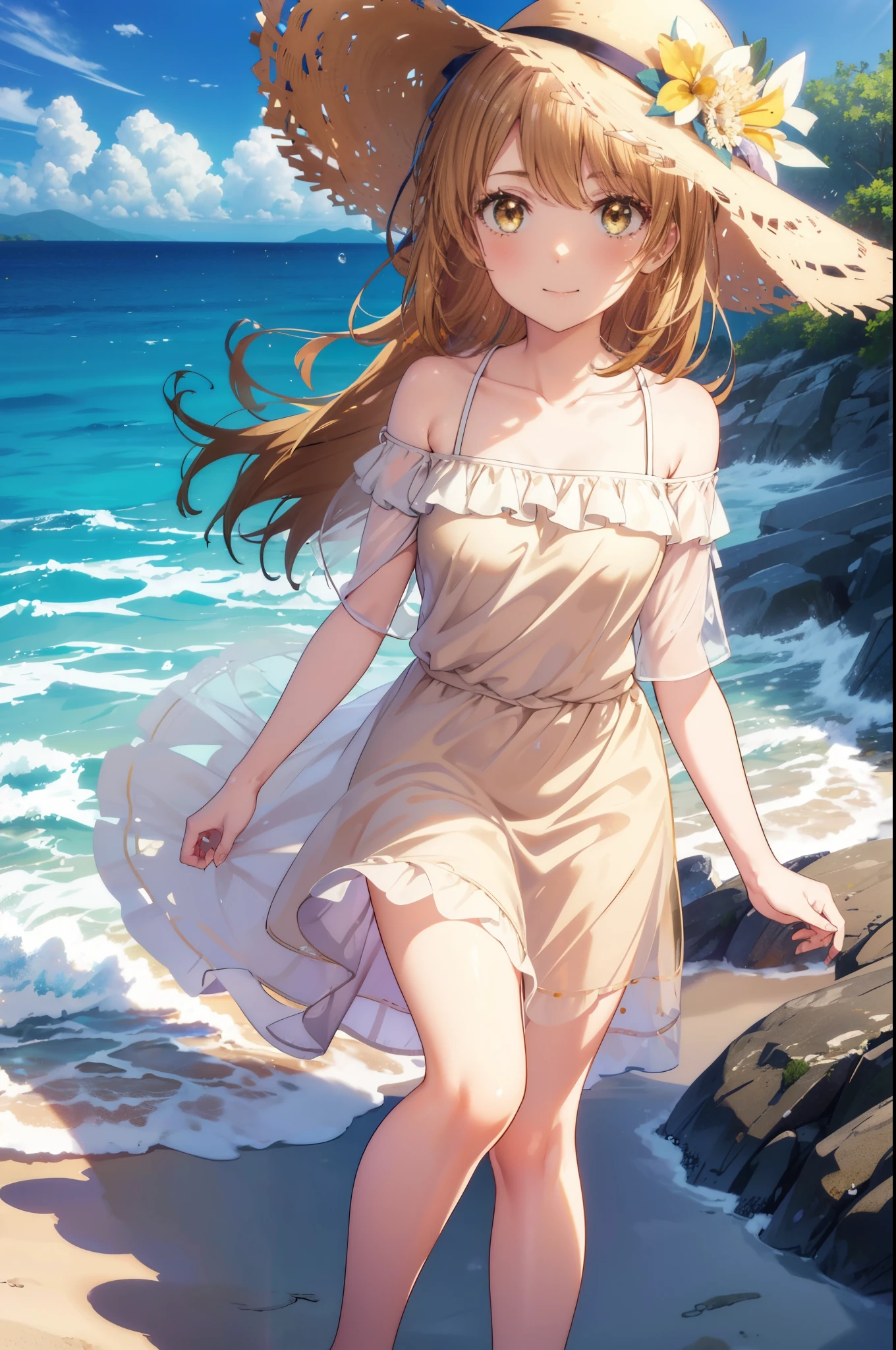 irohaisshiki, iroha isshiki, long hair, brown hair, (brown eyes:1.5), smile,blush,Big straw hat,off shoulder dress,naked neck,bare shoulders,long skirt,barefoot,Turn around,
ビーチのsandy beachを散歩しながら、brown hair fluttering in the breeze,
break outdoors, sandy beach,海
break looking at viewer,
break (masterpiece:1.2), highest quality, High resolution, unity 8k wallpaper, (figure:0.8), (detailed and beautiful eyes:1.6), highly detailed face, perfect lighting, Very detailed CG, (perfect hands, perfect anatomy),