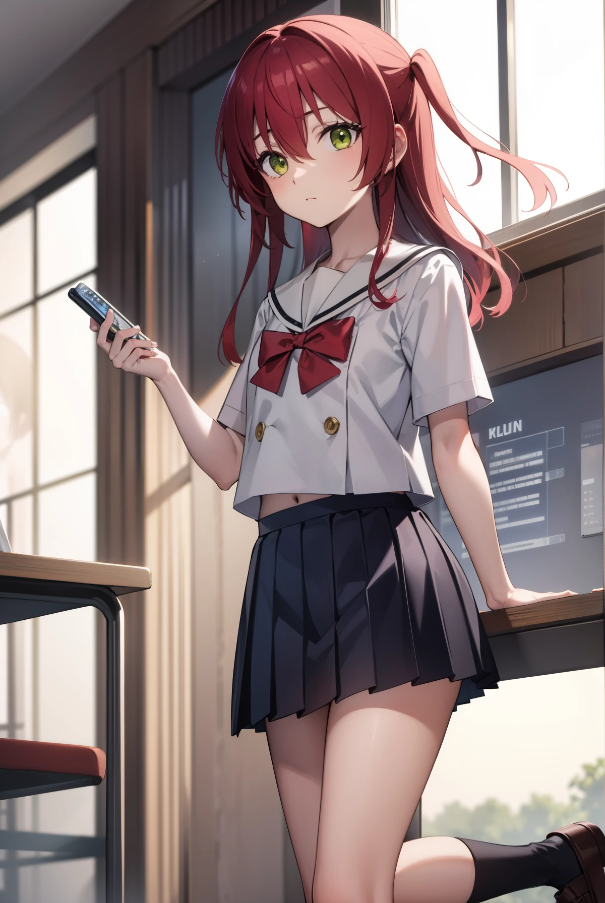 kitaikuyo, ikuyo kita, (green eyes:1.5), hair between eyes, long hair, one side up, red hair, (flat chest:1.2),
BREAK black footwear, black skirt, grey sailor collar, pleated skirt, sailor collar, school uniform, shoes, short sleeves, shuka high school uniform, skirt,,
BREAK looking at viewer,
BREAK indoors, classroom,
BREAK (masterpiece:1.2), best quality, high resolution, unity 8k wallpaper, (illustration:0.8), (beautiful detailed eyes:1.6), extremely detailed face, perfect lighting, extremely detailed CG, (perfect hands, perfect anatomy),