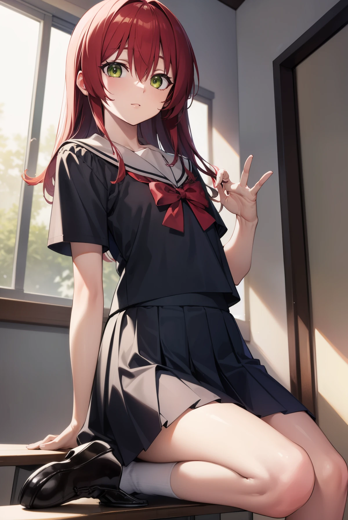 kitaikuyo, ikuyo kita, (green eyes:1.5), hair between eyes, long hair, one side up, red hair, (flat chest:1.2),
BREAK black footwear, black skirt, grey sailor collar, pleated skirt, sailor collar, school uniform, shoes, short sleeves, shuka high school uniform, skirt,,
BREAK looking at viewer,
BREAK indoors, classroom,
BREAK (masterpiece:1.2), best quality, high resolution, unity 8k wallpaper, (illustration:0.8), (beautiful detailed eyes:1.6), extremely detailed face, perfect lighting, extremely detailed CG, (perfect hands, perfect anatomy),