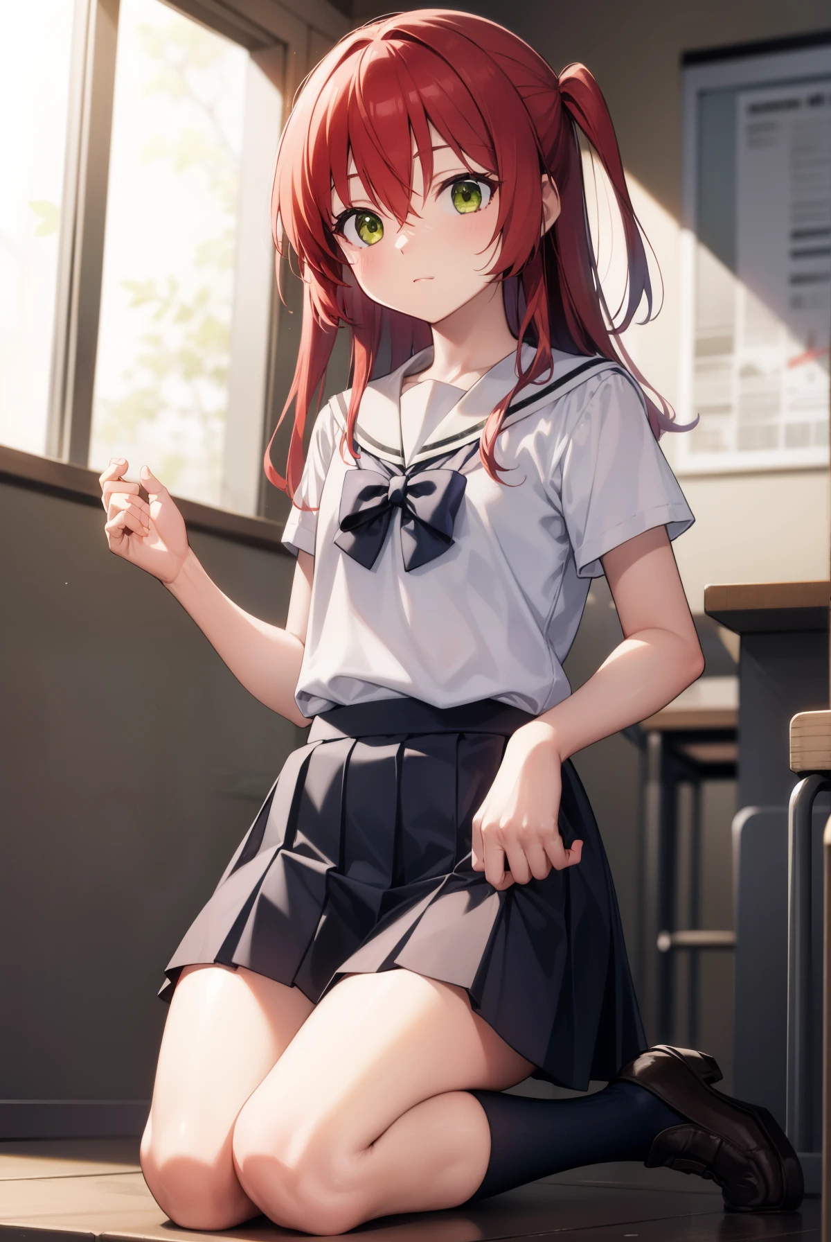 kitaikuyo, ikuyo kita, (green eyes:1.5), hair between eyes, long hair, one side up, red hair, (flat chest:1.2),
BREAK black footwear, black skirt, grey sailor collar, pleated skirt, sailor collar, school uniform, shoes, short sleeves, shuka high school uniform, skirt,,
BREAK looking at viewer,
BREAK indoors, classroom,
BREAK (masterpiece:1.2), best quality, high resolution, unity 8k wallpaper, (illustration:0.8), (beautiful detailed eyes:1.6), extremely detailed face, perfect lighting, extremely detailed CG, (perfect hands, perfect anatomy),