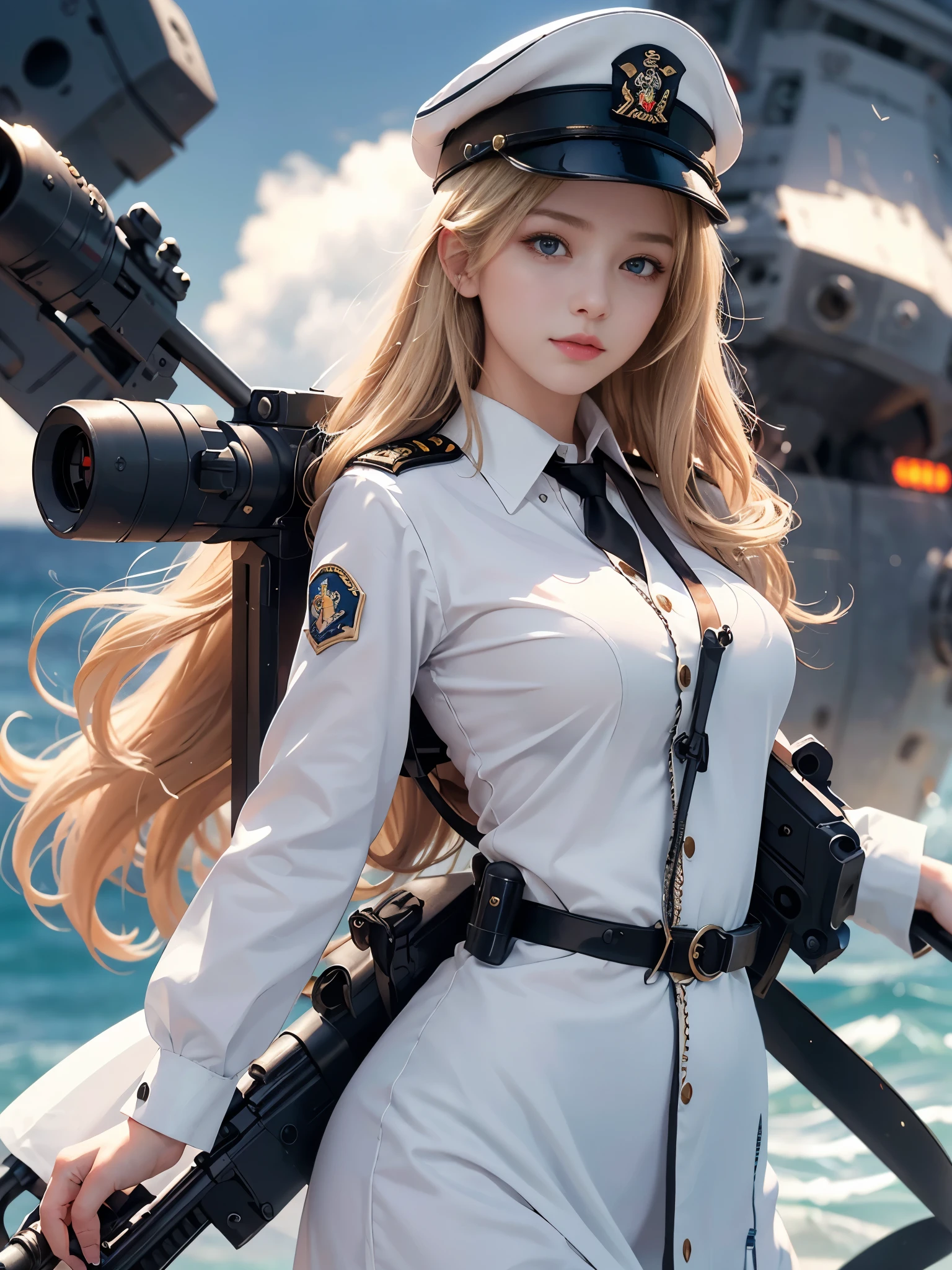 Kizi, an Quority, top-quality, big breasts beautiful, prette, The sheen,On warships, tmasterpiece, Cat eyes,white naval uniform,Naval equipment, Big wavy blonde hair,With a military cap,Fighting posture,white colors,Sea background,(((Armed with a submachine gun:1.3))),girl soldier