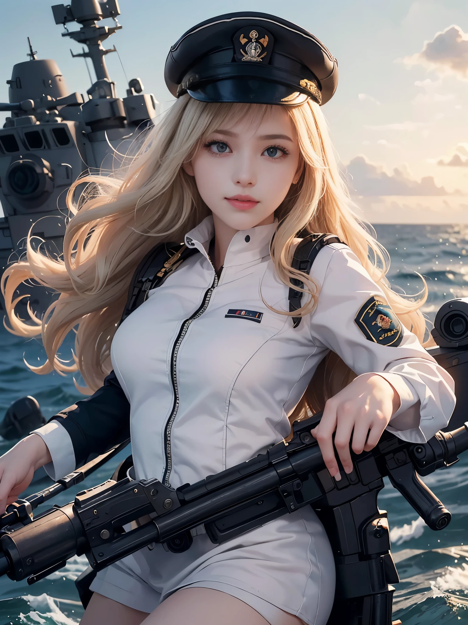 daughter， a certain number， highest quality， big breasts beautiful， cute， luster，About warshipaster piece， cat&#39;s eyes，White Navy Uniform，naval equipment， Big wavy blonde hair，With military cap，Eyes are sharp and affectionate，gentle smile，fighting stance，white color，sea background，(((Armed with a submachine gun:1.3))),pure desire