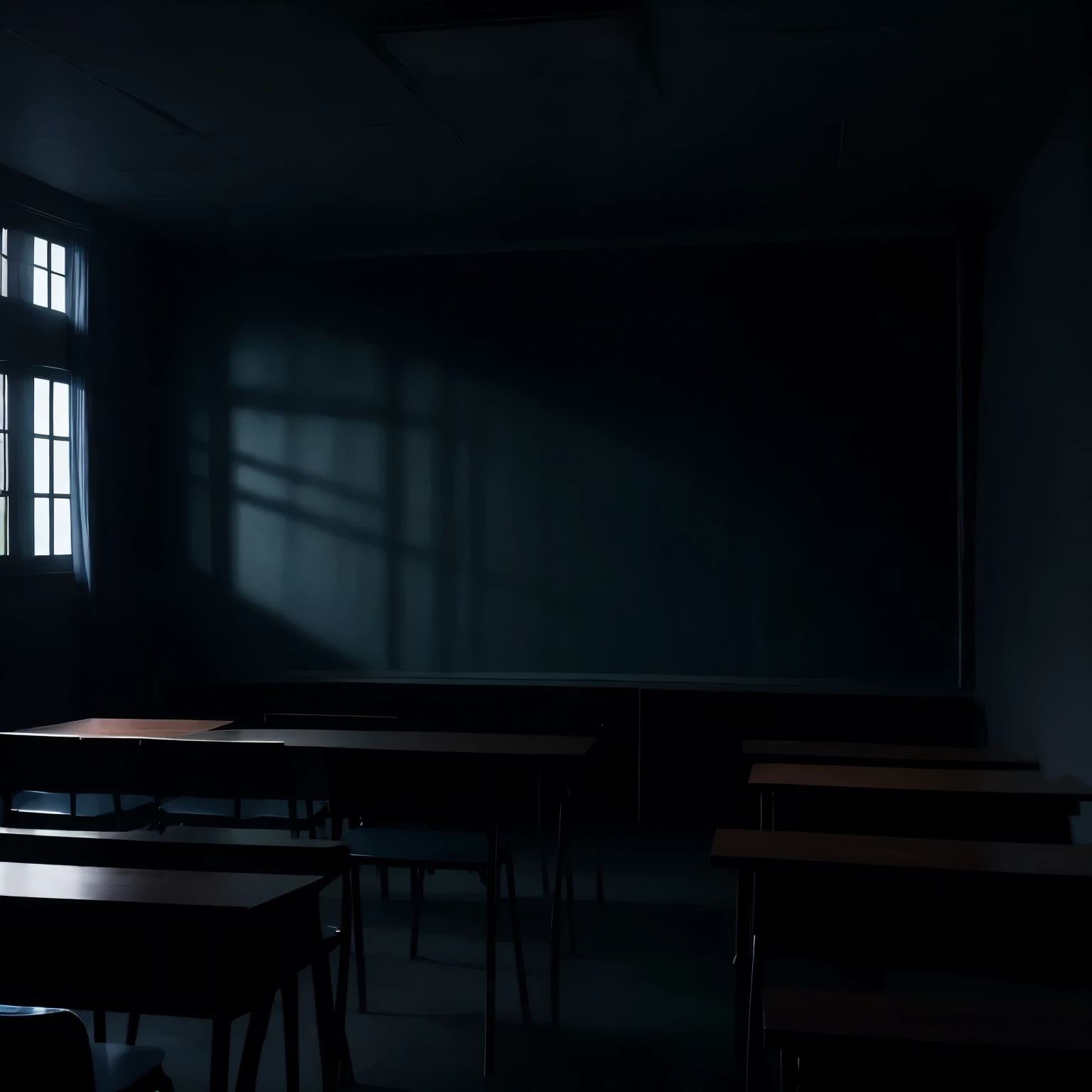 classroom, scared, horror, dark themed, dark, night, low lighting, dark blue colors