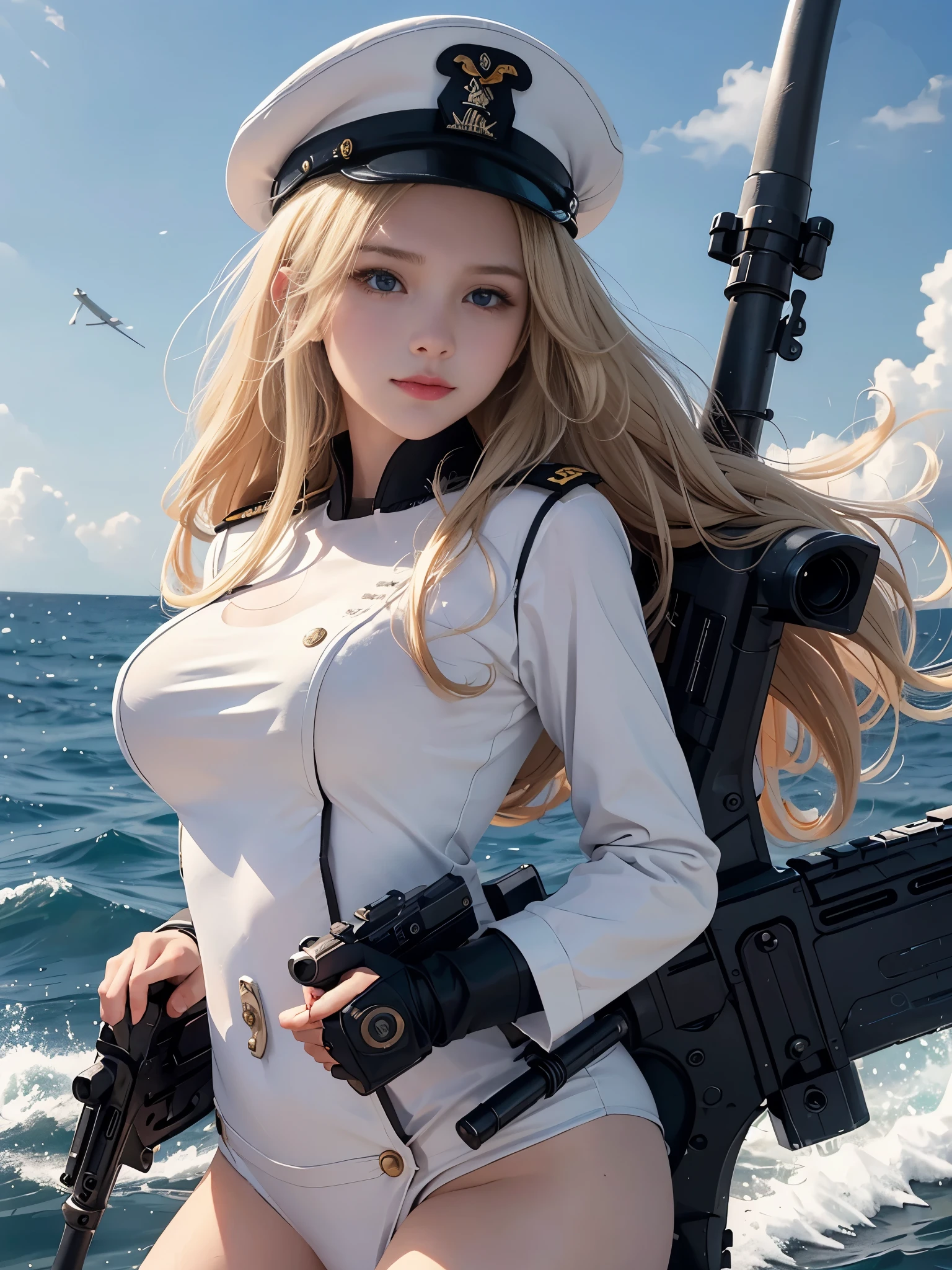 daughter, a certain number, highest quality, big breasts beautiful, cute, luster,About warshipaster piece, cat's eyes,White Navy Uniform,naval equipment, Big wavy blonde hair,With military cap,Eyes are sharp and affectionate,gentle smile,fighting stance,white color,sea background,(((Armed with a submachine gun:1.3))),pure desire