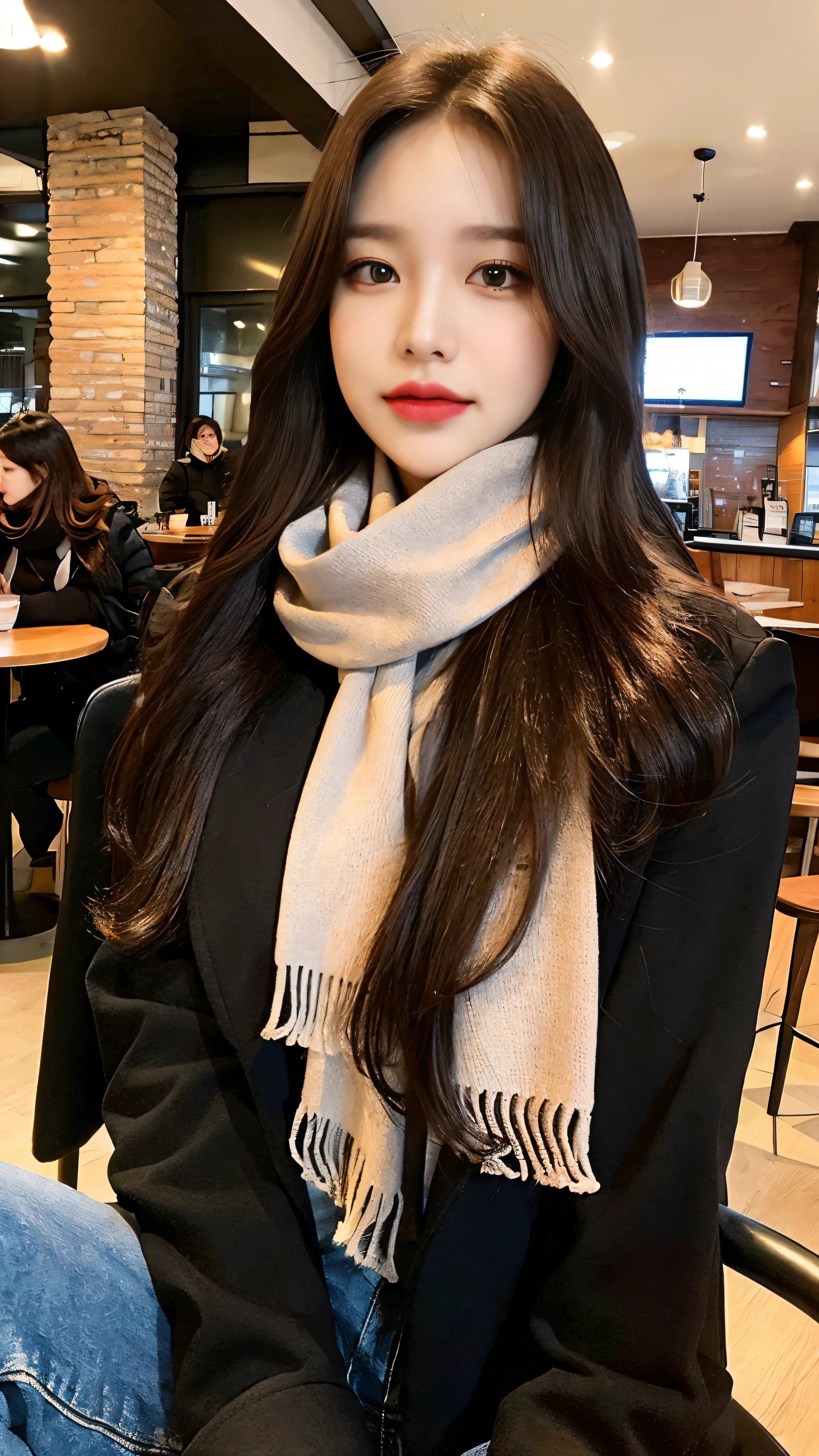 (realistic, high resolution:1.2), 1 girl, Your face and eyes are really pretty, long hair, black jacket and scarf, short jeans, sit on the coffee chair, at a cafe, coffee on the table, big bust