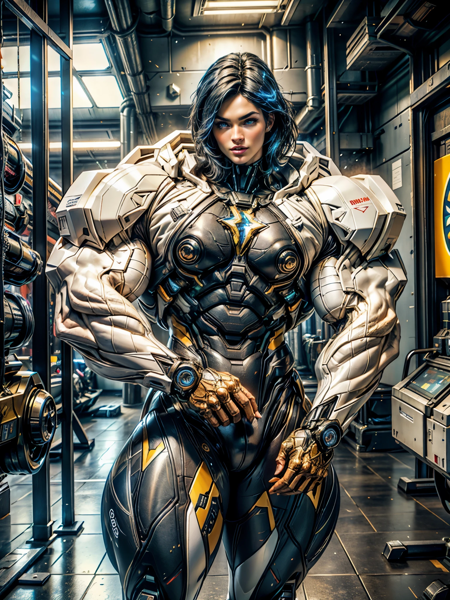 Cinematic, hyper-detailed, and insanely detailed, this artwork captures the essence of megan fox with breathtaking beauty. The color grading is beautifully done, enhancing the overall cinematic feel. Unreal Engine brings her anatomic cybernetic muscle suit to life, appearing even more mesmerizing. With the use of depth of field (DOF), every detail is focused and accentuated, drawing attention to her eyes and the intricate design of the anatomic cybernetic muscle suit . The image resolution is at its peak, utilizing super-resolution technology to ensure every pixel is perfect. Cinematic lighting enhances her aura, while anti-aliasing techniques like FXAA and TXAA keep the edges smooth and clean. Adding realism to the anatomic cybernetic muscle suit, RTX technology enables ray tracing. Additionally, SSAO (Screen Space Ambient Occlusion) gives depth and realism to the scene, the girl's anatomic cybernetic muscle suit become even more convincing. In the post-processing and post-production stages, tone mapping enhances the colors, creating a captivating visual experience. The integration of CGI (Computer-Generated Imagery) and VFX (Visual Effect brings out the anatomic cybernetic muscle suit's intricate features in a seamless manner. SFX (Sound Effects) complement the visual artistry, immersing the viewer further into this fantastic world. The level of detail is awe-inspiring, with intricate elements meticulously crafted, the artwork hyper maximalist and hyper-realistic. Volumetric effects add depth and dimension, and the photorealism is unparalleled. The image is rendered in 8K resolution, ensuring super-detailed visuals. The volumetric lightning adds a touch of magic, highlighting her beauty and the aura of her anatomic cybernetic muscle suit in an otherworldly way. High Dynamic Range (HDR) technology makes the colors pop, adding richness to the overall composition. Ultimately, this artwork presents an unreal portrayal of a super muscled cybernetic female android