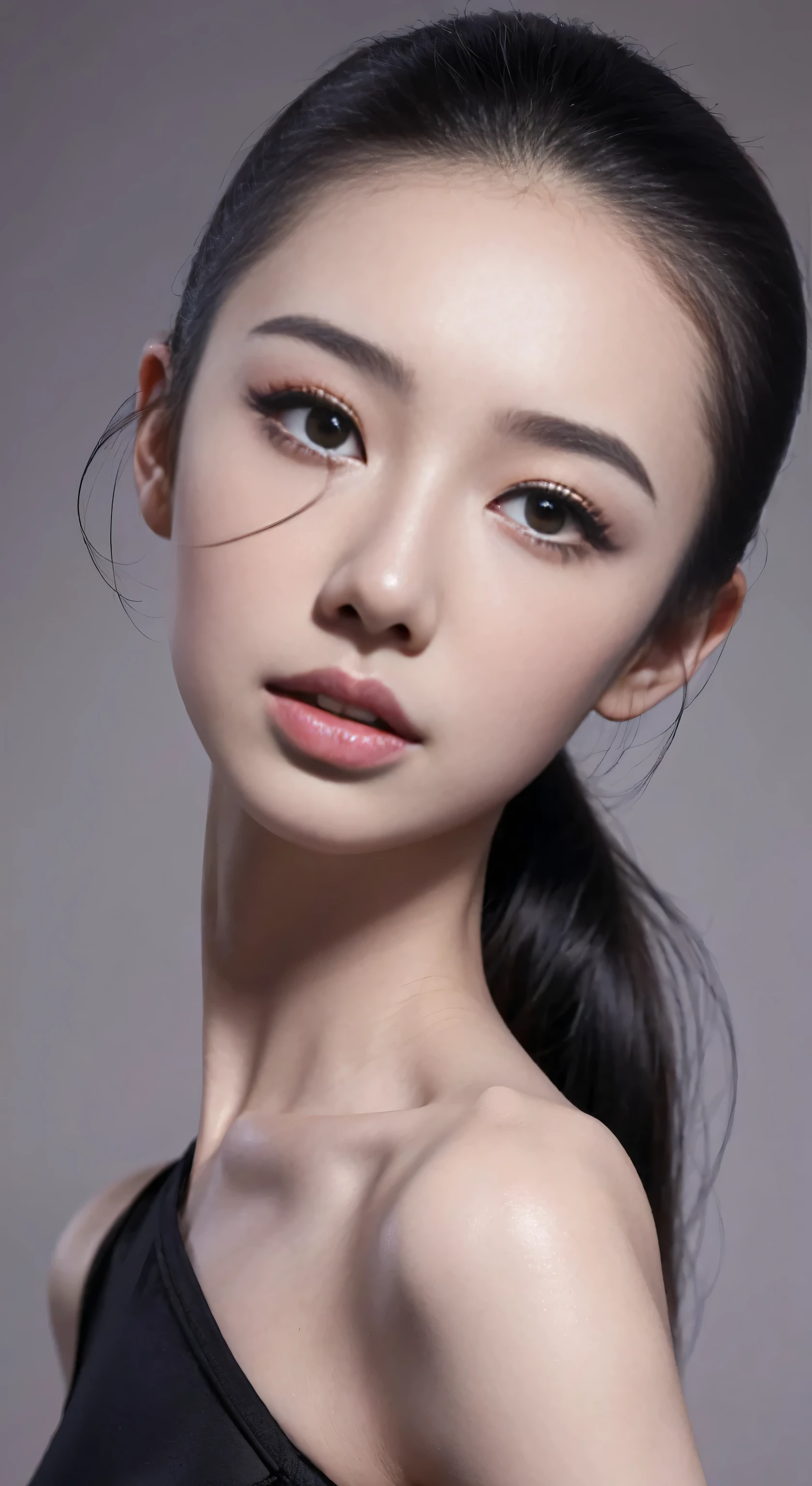 fashion model 18 years old [[[[Close-up face]]]], [[[[]]]], [[[[rape]]]], perfect eyes, perfect iris，perfect lips，perfect teeth，Perfect skin，Has fair skin，long face，slender nose，girl face，((Chinese ballet dancer&#39;s face))，Lying on the black carpet，（Face towards camera 1.8），Keep your eyes on the camera，Sexy and charming eyes，A delicate face，take off shoulders，show your neck，low cut clothes，Raised sexy，slim，breast enlargement，（Face front close-up 1.8），gray background，4K Ultra HD, ultra high resolution, (lifelike: 1.4), best quality，masterpiece，（pastel colors：1.2），（Top view 1.8)