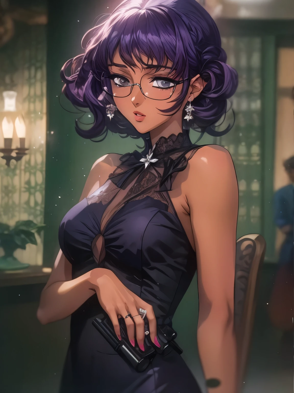 (masterpiece, best quality:1.2),1 girl, alone,Exquisite hair color，short hair，( Wear conservative dress, black tie:1.2)Get a pistol, ,glowing skin，A lot of sweat(  very dark skin 1.2)，wear glasses，earrings（（（nervous expression）））blush，mysterious atmosphere，pink lips