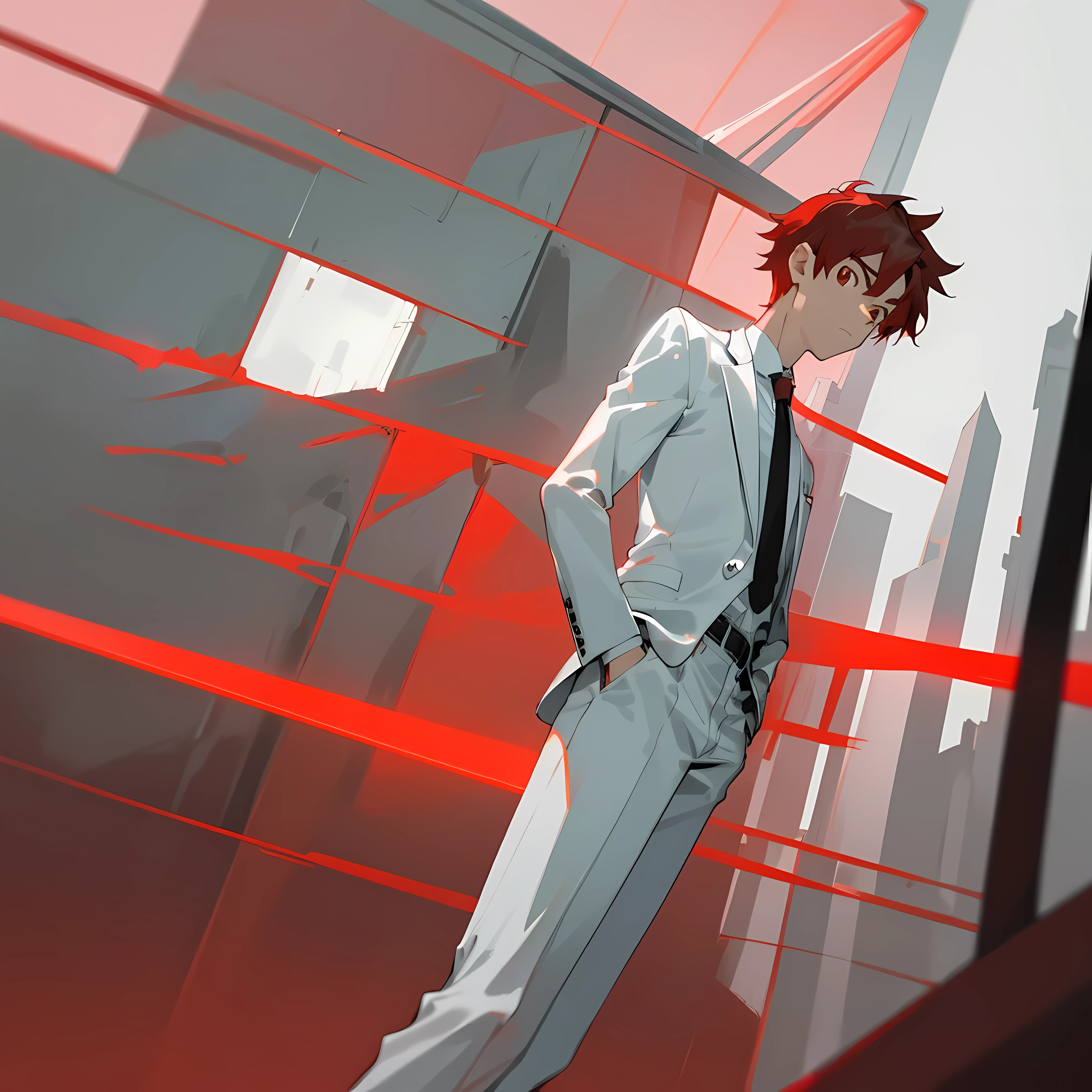 (masterpiece, best quality),(((from below, depth of field, dutch angle, red lighting))), 1boy, solo, formal, hands in pockets, suit, building, looking at viewer, white necktie, white shirt, city, outdoors, white jacket, white belt, white pants, collared shirt, red eyes, standing, long sleeves, red, cityscape, cowboy shot, skyscraper, white suit, night, pant suit, medium hair
