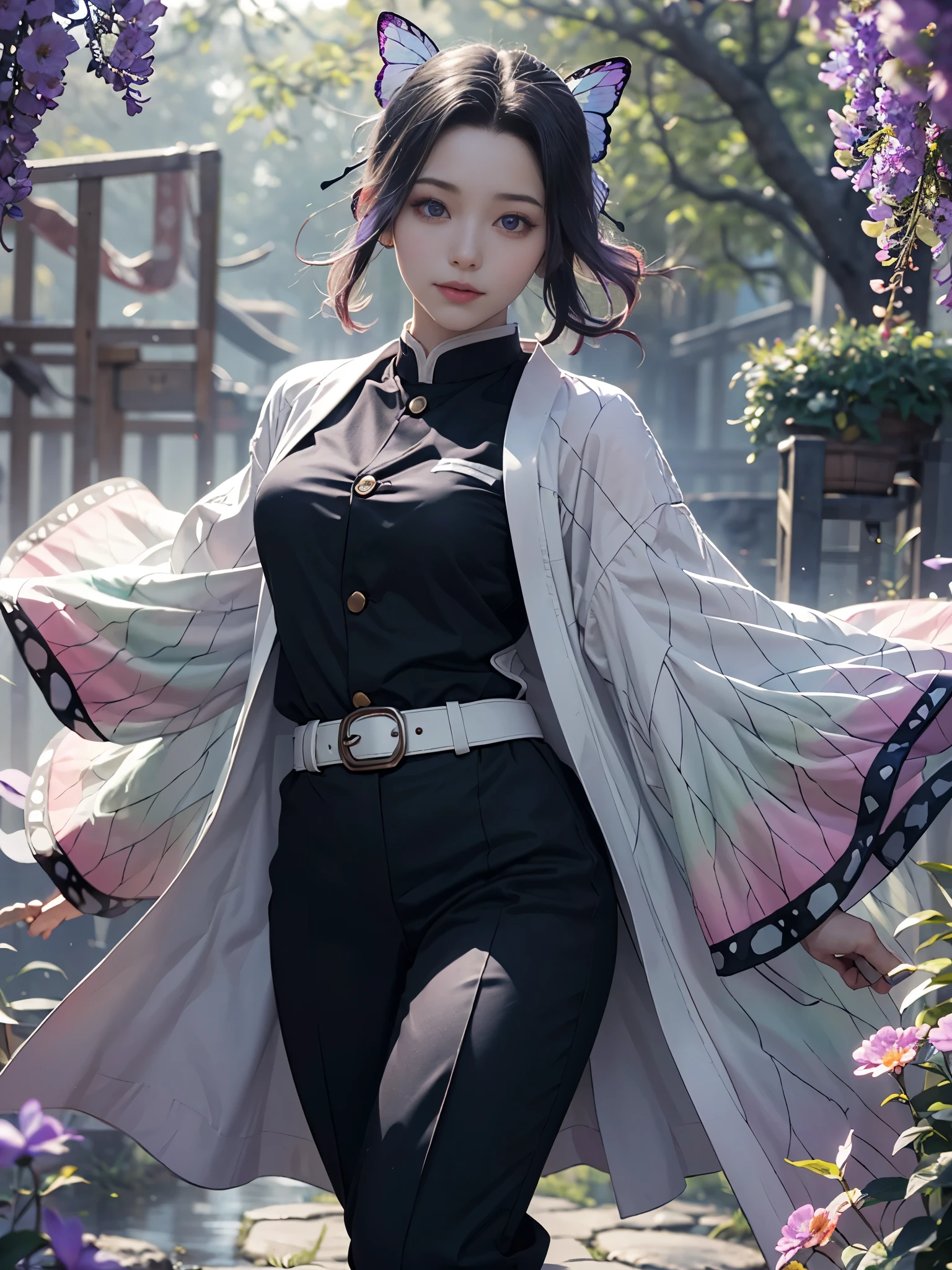 Ultra-realistic 8k CG, masterpiece, close, (dynamic pose: 1.3), beauty, goddess, from the front, from the front, face sticking out, (super detailed background, delicate pattern, intricate details)), high quality, highly detailed face, highly detailed eyes and face, highly detailed eyes, Kocho Shinobi, colorful hair, No bangs, hair intake, purple eyes, amount, black shirt, black pants, (Haori, butterfly: 1.3, button, belt), (garden: 1.2), purple flower, red cliff, cloudy null, sunlight, Tyndall effect, Slope_null, face, gorgeous null, Sword at the waist,