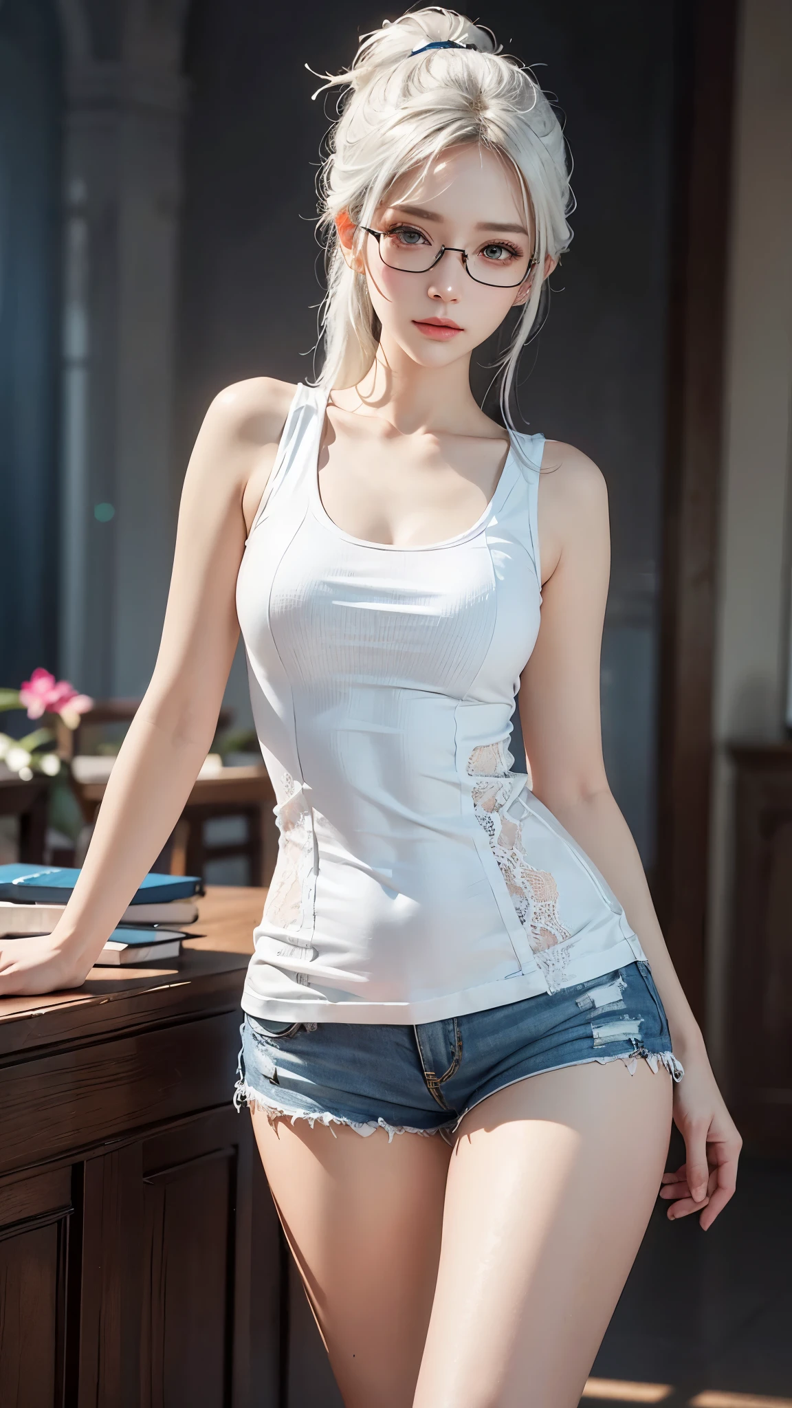 a white hair、Close-up of woman wearing white mask, beautiful figure painting, guweiz, guweiz style artwork, White-haired God, author：Yang Jie, Epic and beautiful character art, Stunning character art, author：Fan Qi, by Wuzhun Shifan, guweiz on pixiv artstation street, single ponytail, Side Mao Insult, high ponytail, tall figure, long legs, (sleeveless lace shirt), (shorts), (striped )), ((striped )), walk, elegant, dignified, feminine, Beautiful curves, sweet smile, Strong sense of detail and layering, Rich and gorgeous colors, Has a unique texture, colorful, Color harmony, vivid, design art, 16k, super detailed, {{illustration}}, {extremely delicate and beautiful}, {Sophisticated finish}, Super detailed, Exquisite glowing eyes, {{movie lighting}}, Extreme light effects, Model: realism, CFG scale: 12, lola: Bright texture (1.35), high quality, masterpiece, Exquisite facial features, Delicate hair depiction, Delicate depiction of eyes, masterpiece, best quality, Ray tracing, Extremely detailed CG unified 8k wallpaper, masterpiece, best quality, (1 girl), perfect female figure, (((tight white t shirt))), beautiful eyes, (delicate face), short black hair, hair tied up, Light blue hairpins, black silk frame glasses, in the classroom, (White skin), (best lighting), (Super intricate details), 4K unified, (super detailed CG), Showing white legs, , hot pants, shorts,