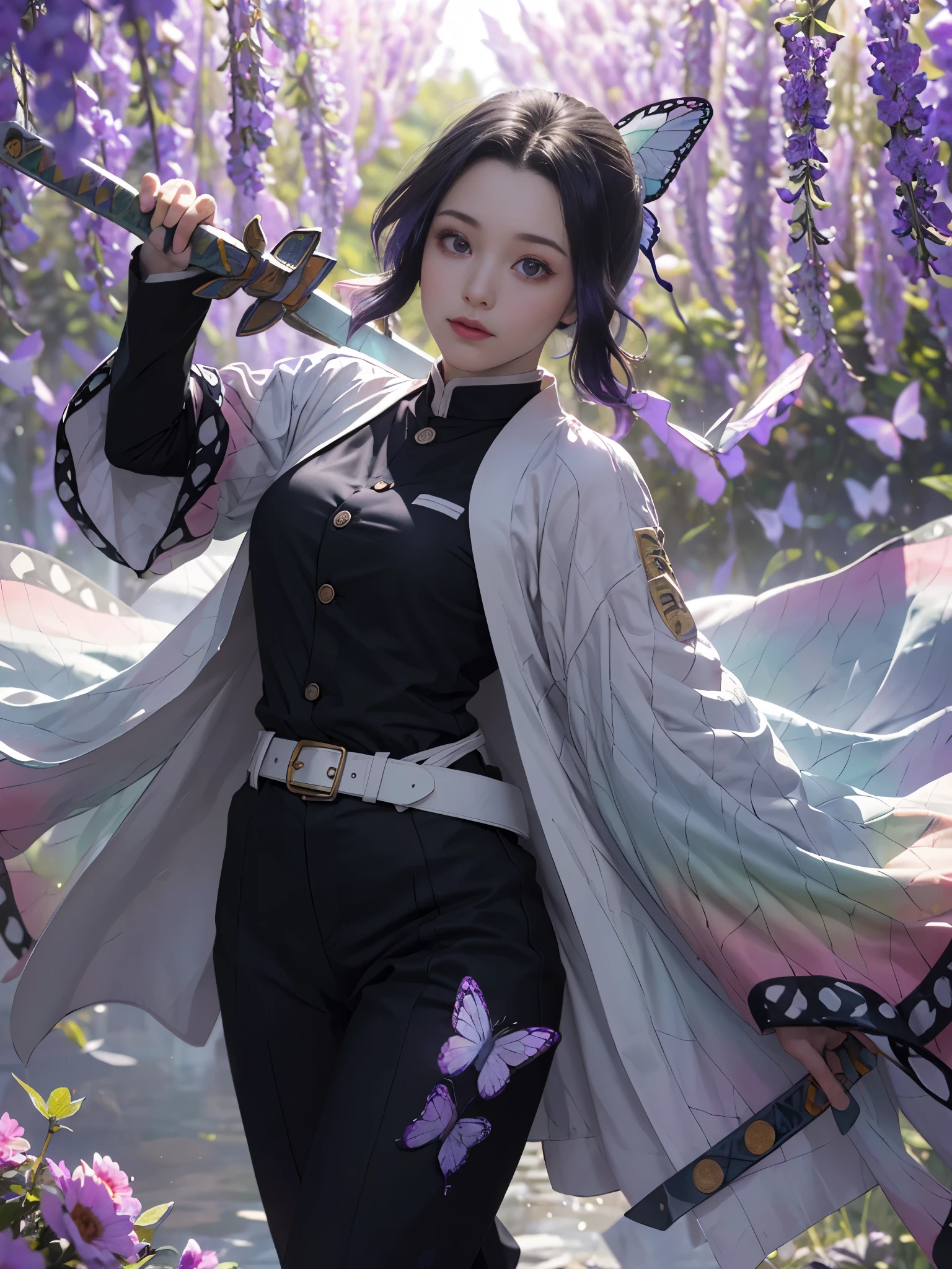 Ultra-realistic 8k CG, masterpiece, close, (dynamic pose: 1.3), beauty, goddess, from the front, from the front, face sticking out, (super detailed background, delicate pattern, intricate details)), high quality, highly detailed face, highly detailed eyes and face, highly detailed eyes, Kocho Shinobi, colorful hair, No bangs, hair intake, purple eyes, amount, black shirt, black pants, (Haori, butterfly: 1.3, button, belt), (garden: 1.2), purple flower, red cliff, cloudy null, sunlight, Tyndall effect, Slope_null, face, gorgeous null, Sword at the waist,