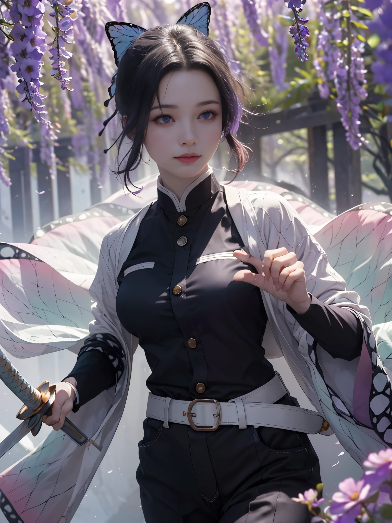 Ultra-realistic 8k CG, masterpiece, close, (dynamic pose: 1.3), beauty, goddess, from the front, from the front, face sticking out, (super detailed background, delicate pattern, intricate details)), high quality, highly detailed face, highly detailed eyes and face, highly detailed eyes, Kocho Shinobi, colorful hair, No bangs, hair intake, purple eyes, amount, black shirt, black pants, (Haori, butterfly: 1.3, button, belt), (garden: 1.2), purple flower, red cliff, cloudy null, sunlight, Tyndall effect, Slope_null, face, gorgeous null, Sword at the waist,
