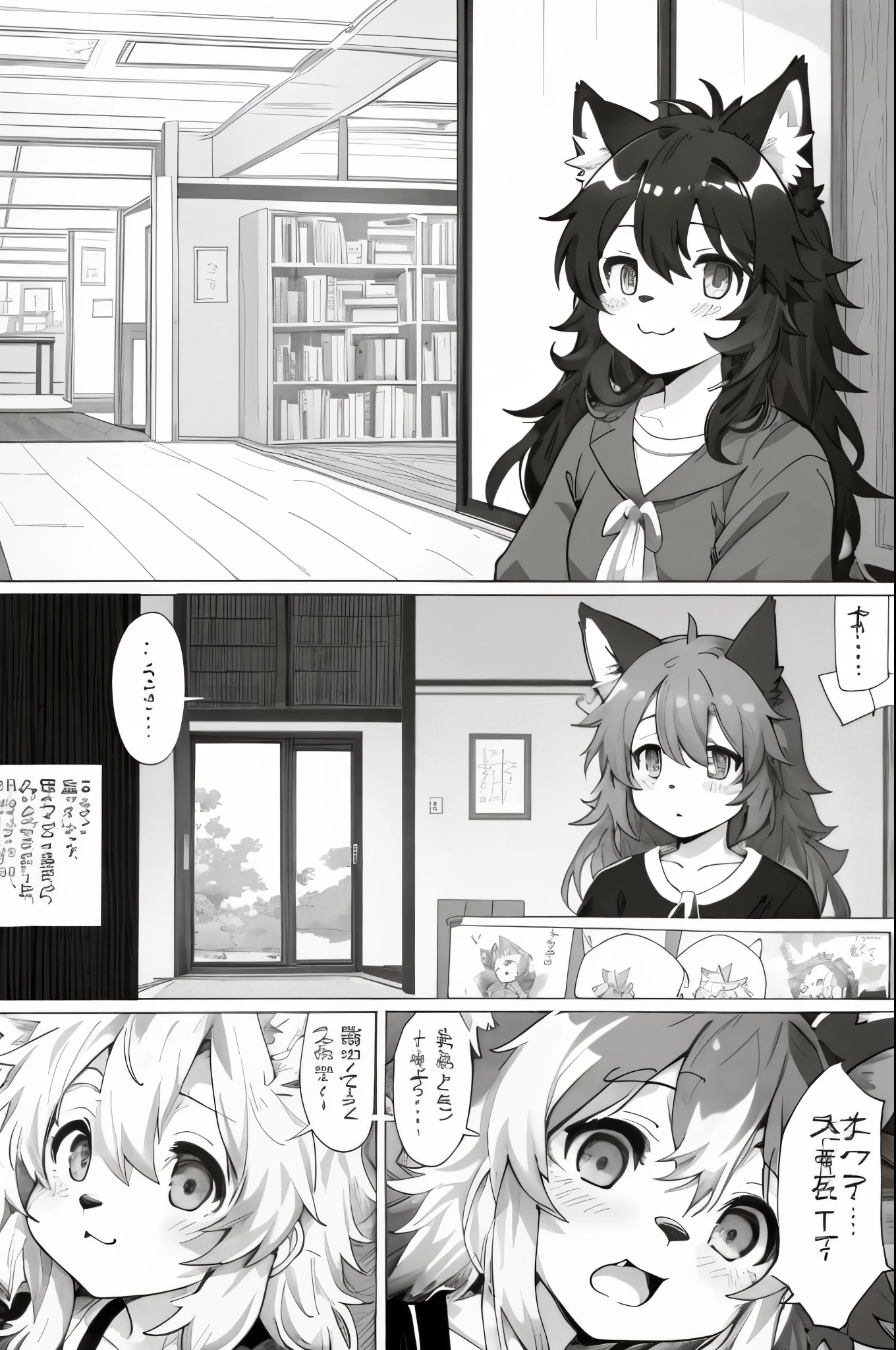 top quality, best quality, highres, unparalleled masterpiece, perfect artwork, paid reward available, indoor, couple of comics(super cute 1girl, 1wolf, kemono, furry anthro)tumblr, sosaku hanga, black and white manga page, manga page, doujin, ddlc, anime, comedy comic, black and white manga panel, zerochan,