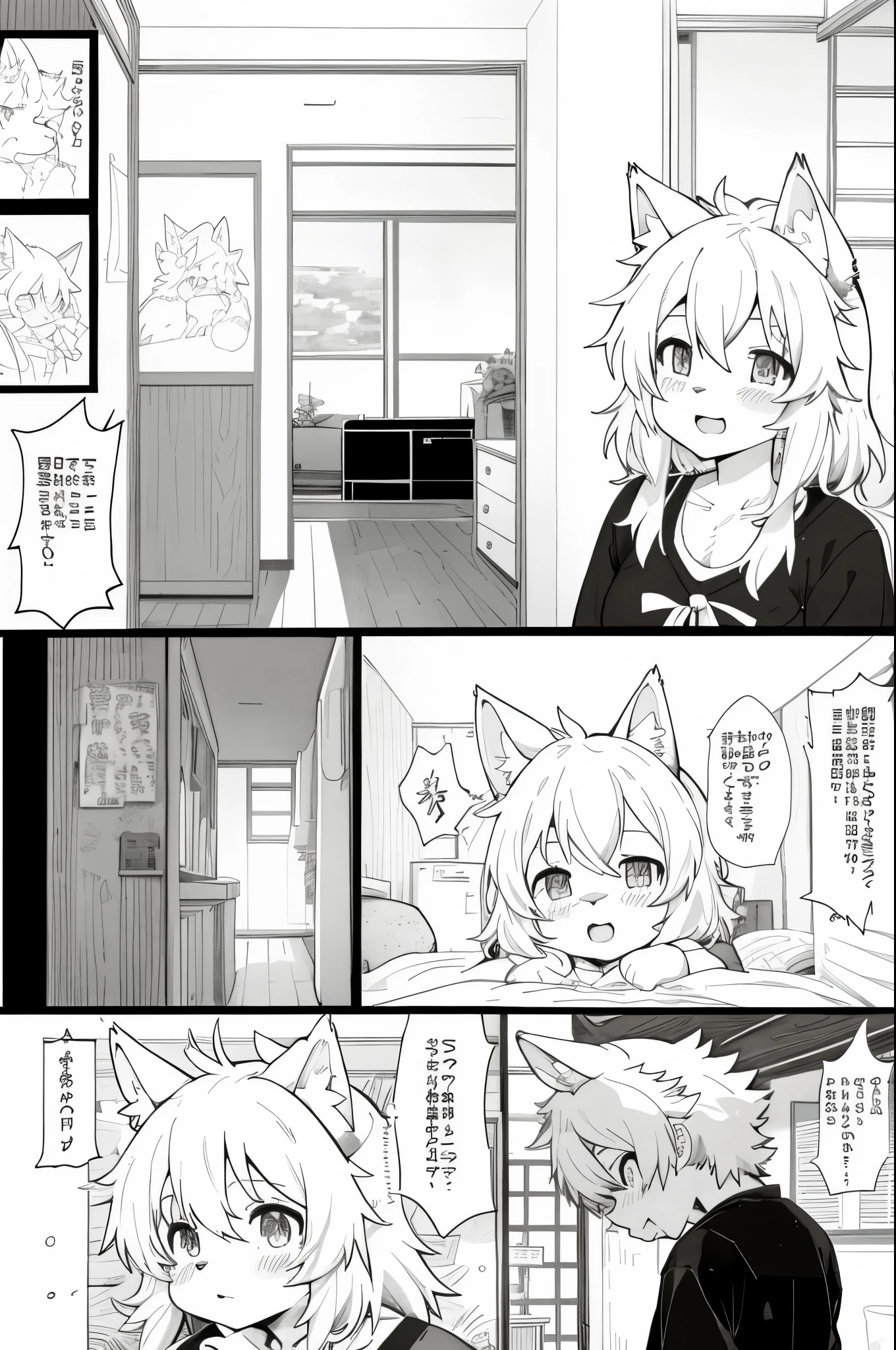 top quality, best quality, highres, unparalleled masterpiece, perfect artwork, paid reward available, indoor, couple of comics(super cute 1girl, 1wolf, kemono, furry anthro)tumblr, sosaku hanga, black and white manga page, manga page, doujin, ddlc, anime, comedy comic, black and white manga panel, zerochan,
