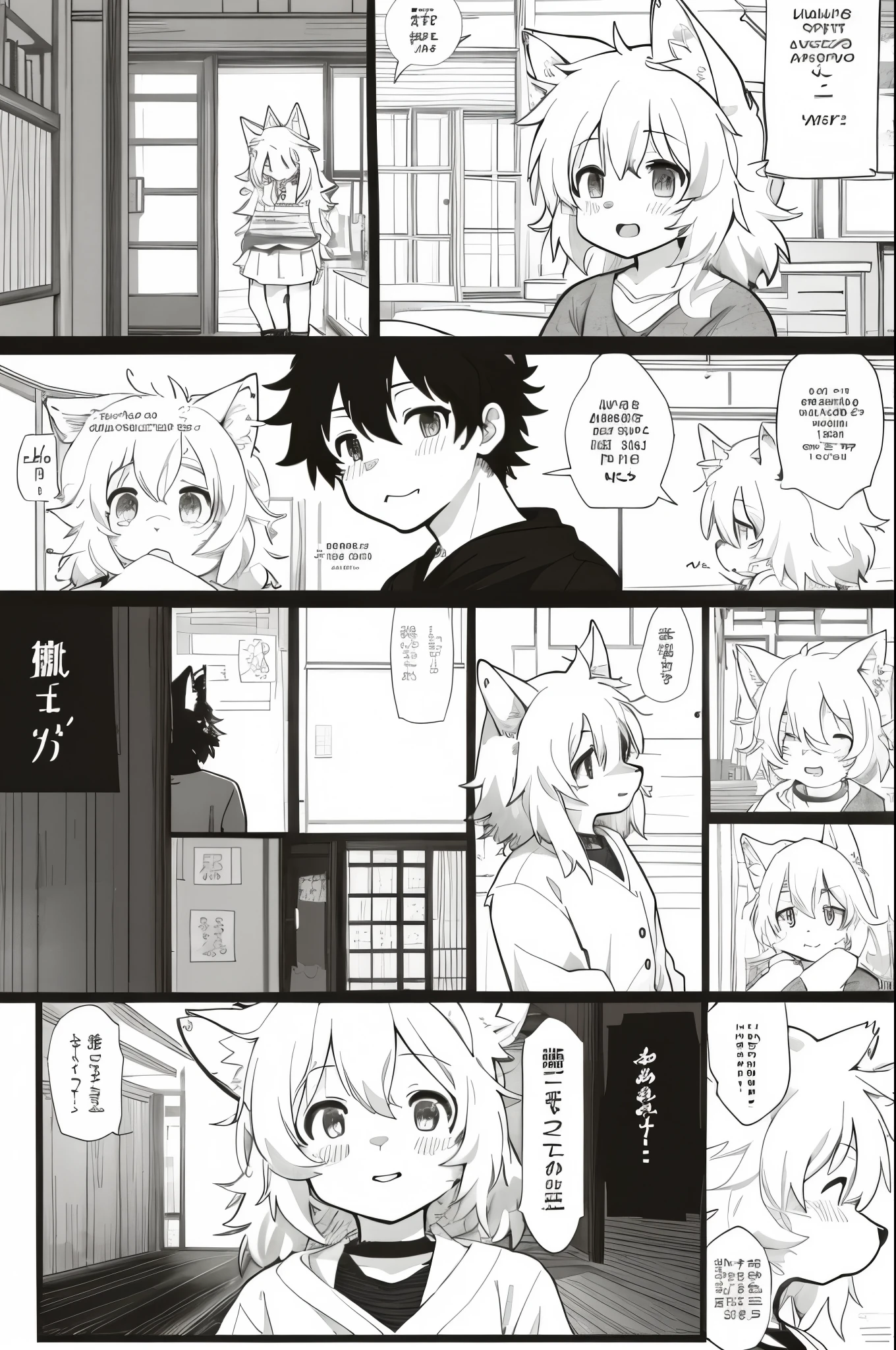 top quality, best quality, highres, unparalleled masterpiece, perfect artwork, paid reward available, indoor, couple of comics(super cute 1girl, 1wolf, kemono, furry anthro)tumblr, sosaku hanga, black and white manga page, manga page, doujin, ddlc, anime, comedy comic, black and white manga panel, zerochan,
