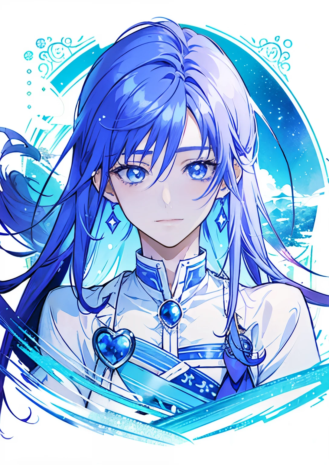 Close-up of anime boy in white and blue dress, heavenly aura, official art, boy with very long purple hair,  Cure,  he has light blue hair, blue eyed boy, official character art, magical boy, Official illustration,  magical boyのスタイル, sapphire prince, wall paper!, With shining blue eyes, !!full body portrait!!, High resolution, きらめくmagical boy, magical boyの肖像, solo, male focus,