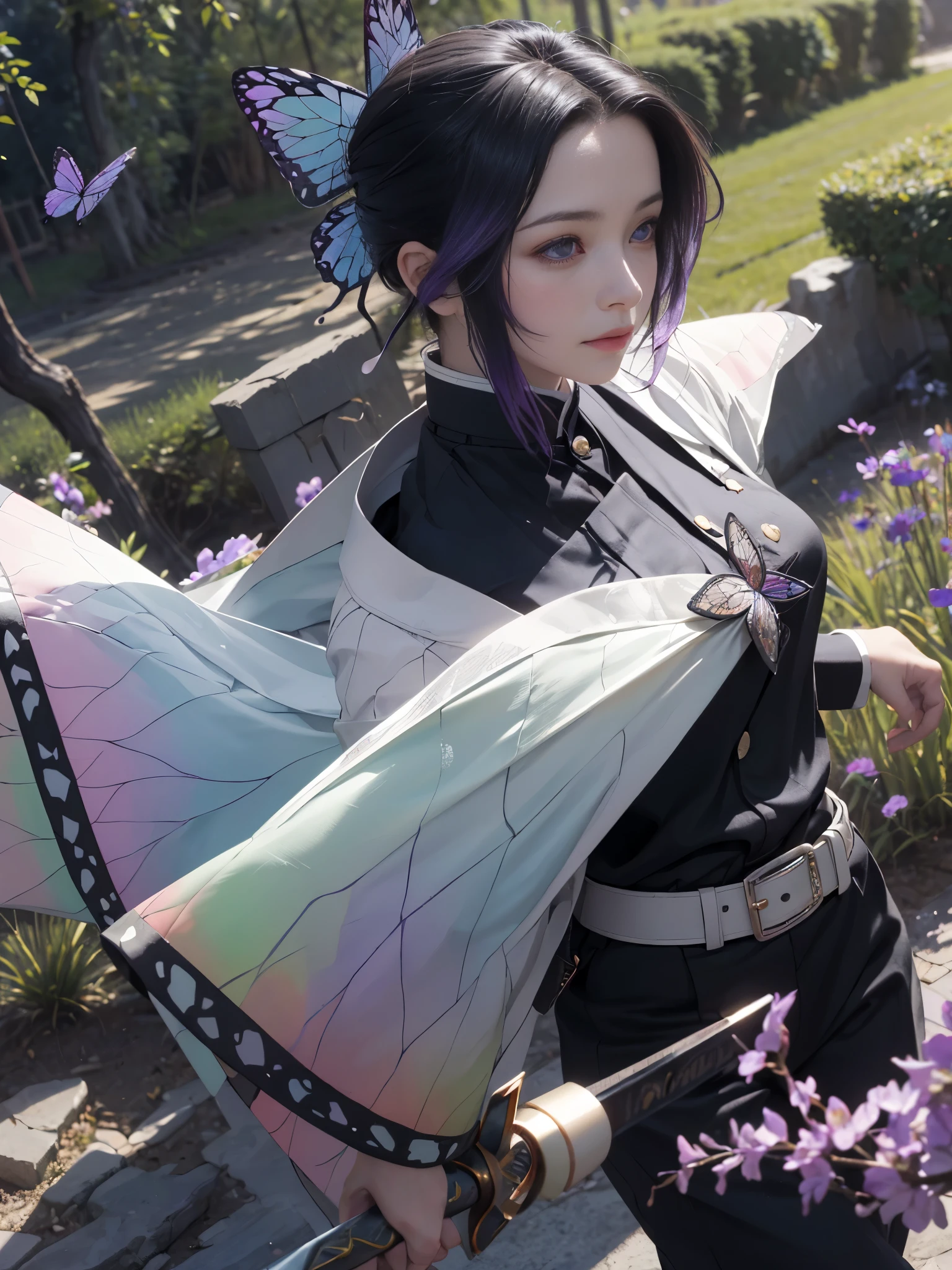 Ultra-realistic 8k CG, masterpiece, close, (dynamic pose: 1.3), beauty, goddess, from the front, from the front, face sticking out, (super detailed background, delicate pattern, intricate details)), high quality, highly detailed face, highly detailed eyes and face, highly detailed eyes, Kocho Shinobi, colorful hair, No bangs, hair intake, purple eyes, amount, black shirt, black pants, (Haori, butterfly: 1.3, button, belt), (garden: 1.2), purple flower, red cliff, cloudy null, sunlight, Tyndall effect, Slope_null, face, gorgeous null, Sword at the waist,