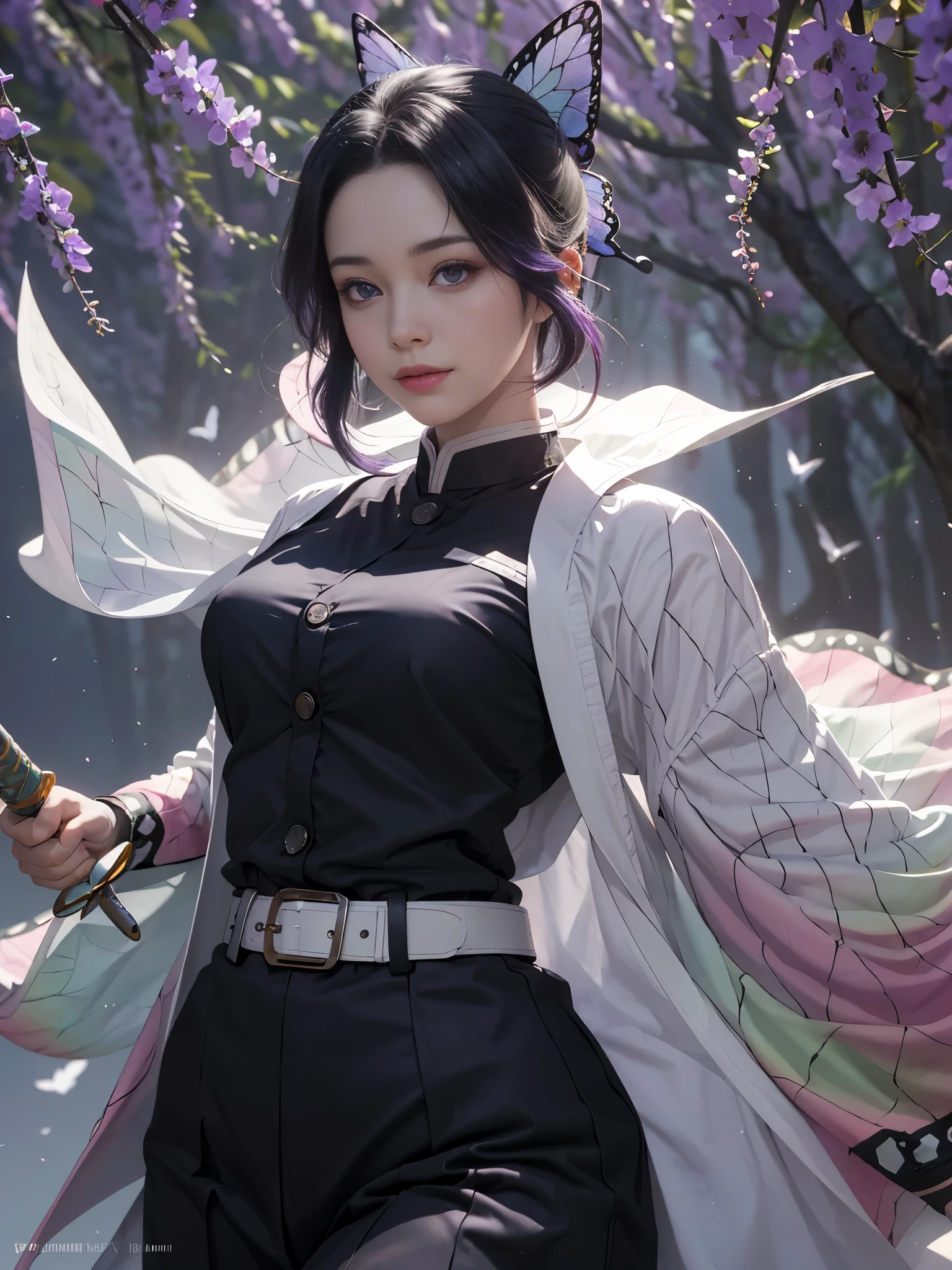 Ultra-realistic 8k CG, masterpiece, close, (dynamic pose: 1.3), beauty, goddess, from the front, from the front, face sticking out, (super detailed background, delicate pattern, intricate details)), high quality, highly detailed face, highly detailed eyes and face, highly detailed eyes, Kocho Shinobi, colorful hair, No bangs, hair intake, purple eyes, amount, black shirt, black pants, (Haori, butterfly: 1.3, button, belt), (garden: 1.2), purple flower, red cliff, cloudy null, sunlight, Tyndall effect, Slope_null, face, gorgeous null, Sword at the waist,