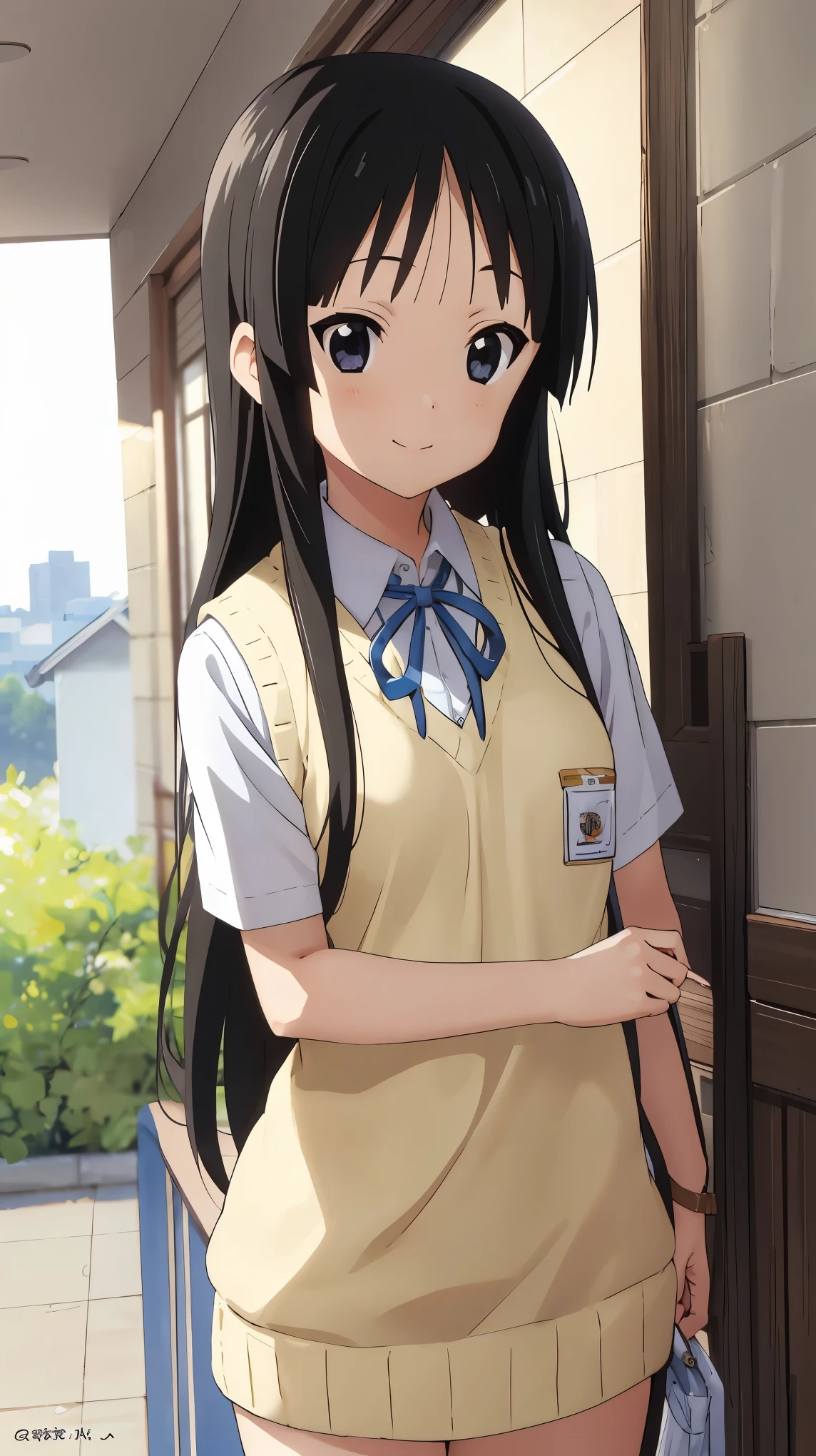 (((picture perfect))), 1girl, solo, mio akiyama, school uniform, sweater vest, short sleeves, looking at viewer, smile