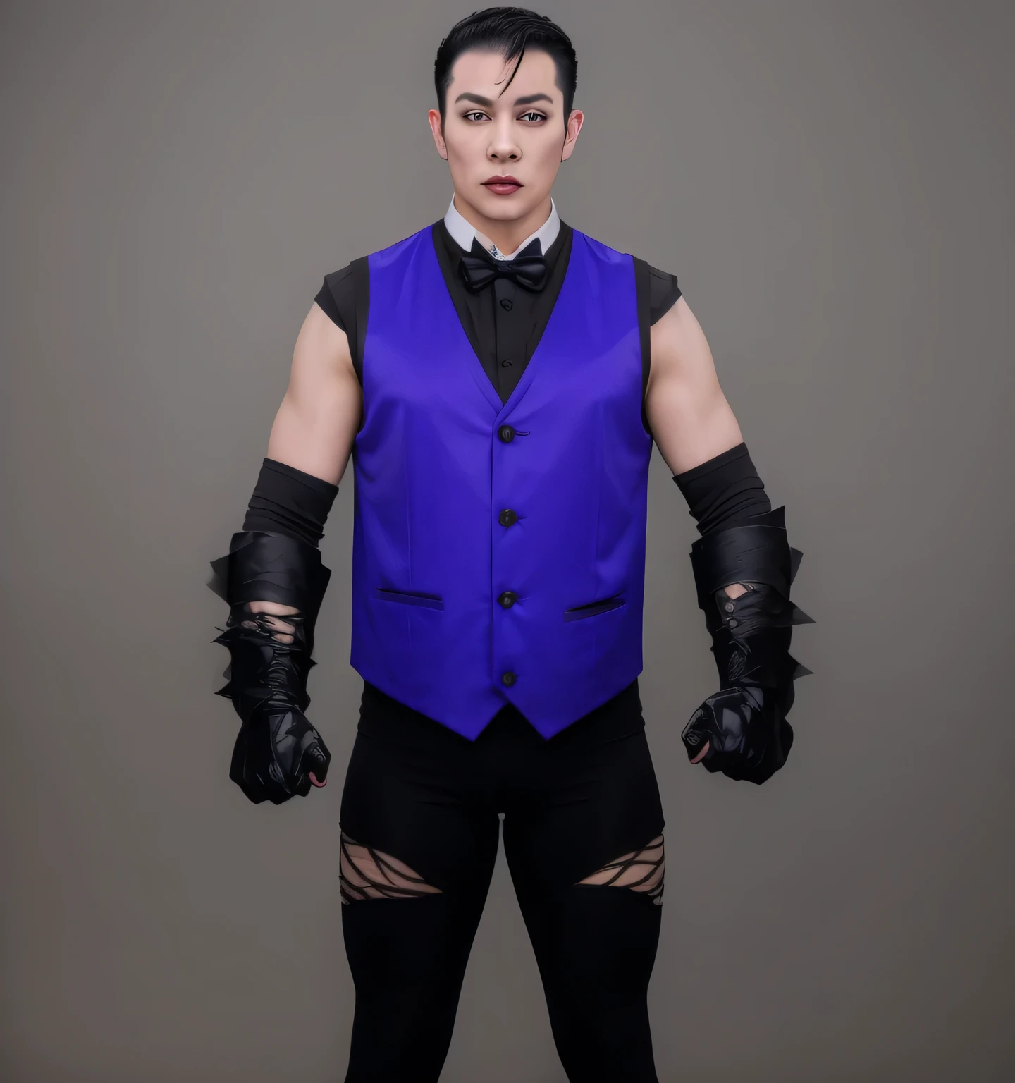 ((masterpiece, best quality))asian man black short hair pointed white ears with white face makeup with blood running down mouth like a vampire, wearing a black cloth shirt with silky purple vest an a white bowtie, wearing black gloves arm bracelets and elbow pads, wrestling tights with bat image on them photo realistic, intricate details