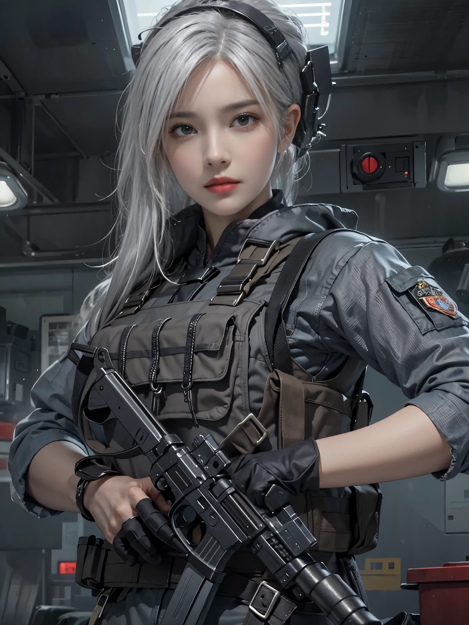 realistic, High resolution, 1 female, alone, hip up, view viewer, (detailed face), gray hair, SWAT vest, gun, jewelry