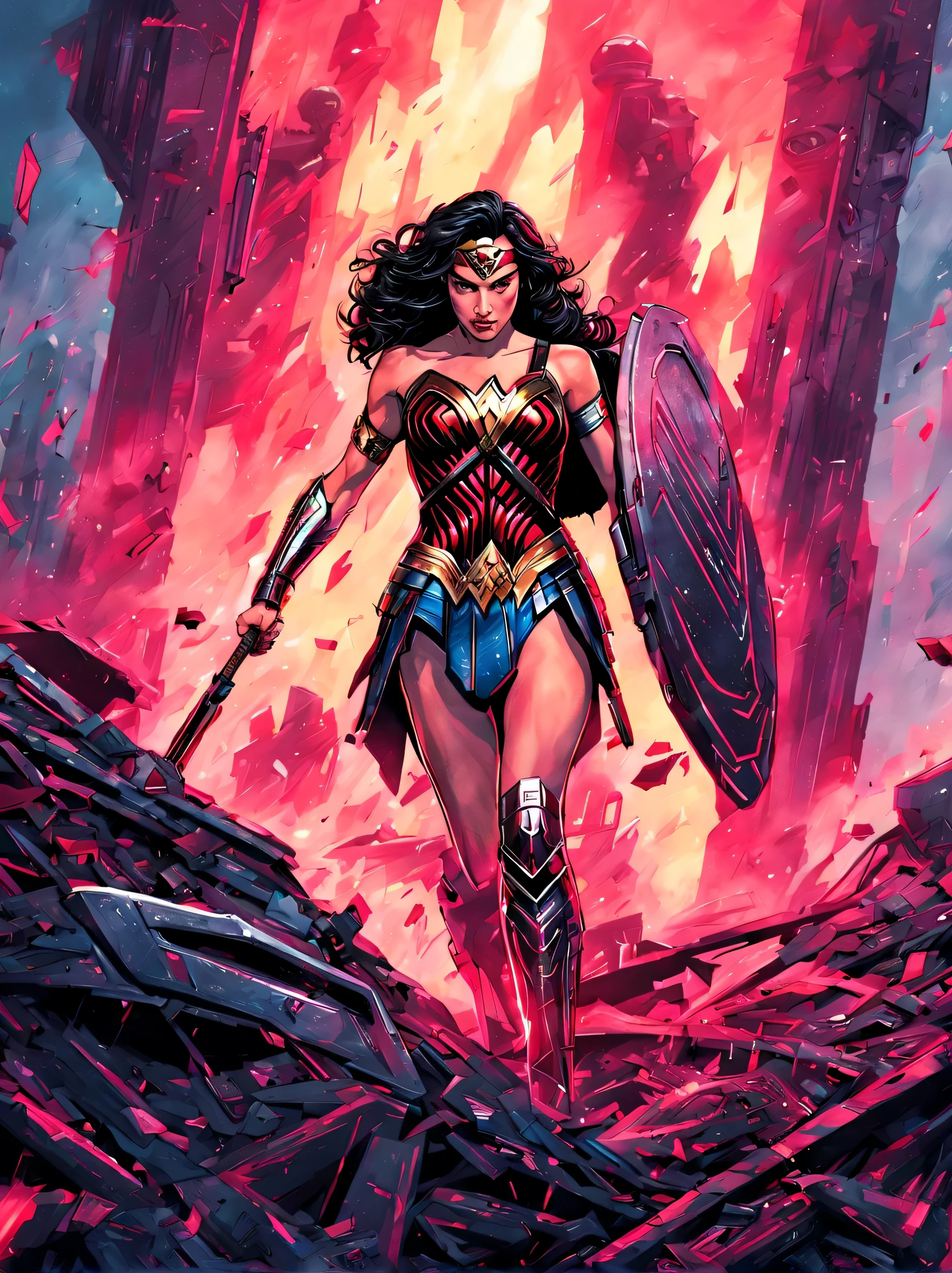 Gal Gadot as Cyberpunk  Iron Wonder Woman emerge from the alien spaceship ruins, detailed face, dust and debris in her body, little bit visible bruised skin, insanely detailed and intricate, realistic 80's TV Show style
