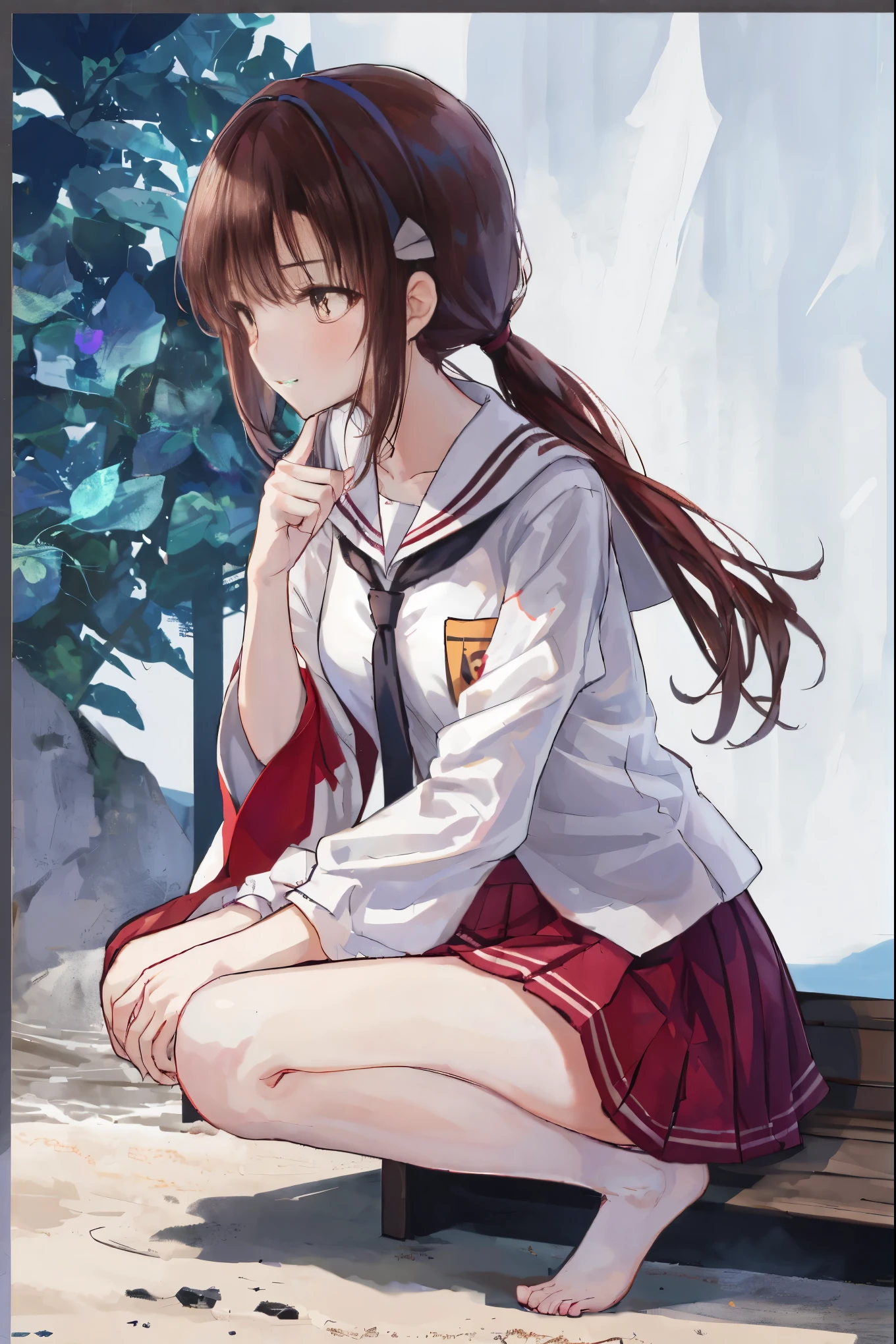 1 girl、laughter、shirt、skirt、()Chirarism、Japanese high school uniform、serafuku、summer clothes、Uniform soaked in a squall、(sheer bra)、Full body portrait、light cream hair、squatting bench、high school girl ,16 years old、brown hair ponytail,barefoot,Underwear visible,finger in crotch,small breasts,small butt,beautiful profile,natural limbs,distinct nose bridge,anatomically correct body,slender body