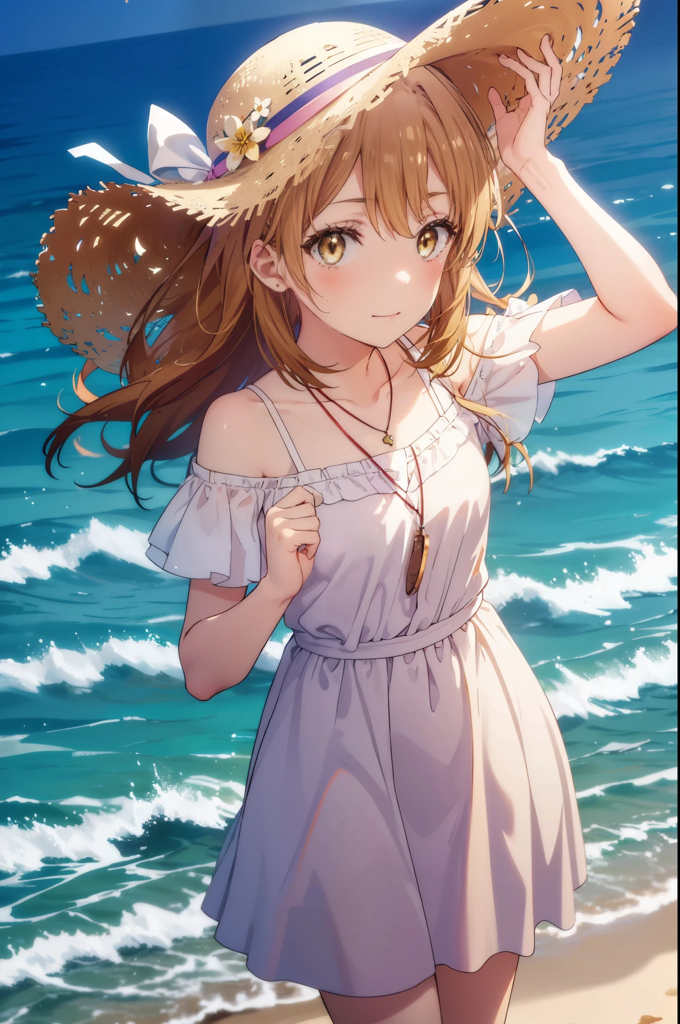 irohaisshiki, iroha isshiki, long hair, brown hair, (brown eyes:1.5), smile,blush,Big straw hat,off shoulder dress,heart shaped pendant necklace,bare clavicle,naked neck,bare shoulders,long skirt,barefoot,Turn around,
ビーチのsandy beachを散歩しながら、brown hair fluttering in the breeze, 
break outdoors, sandy beach,海
break looking at viewer,
break (masterpiece:1.2), highest quality, High resolution, unity 8k wallpaper, (figure:0.8), (detailed and beautiful eyes:1.6), highly detailed face, perfect lighting, Very detailed CG, (perfect hands, perfect anatomy),