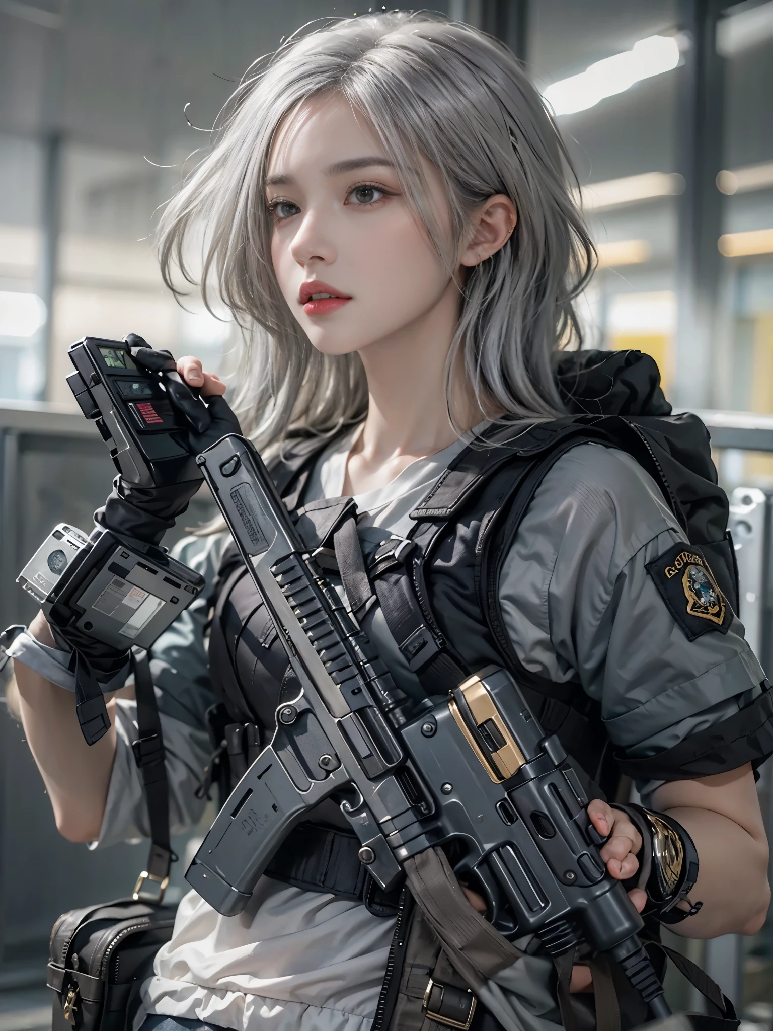 realistic, High resolution, 1 female, alone, hip up, view viewer, (detailed face), gray hair, SWAT vest, gun, jewelry