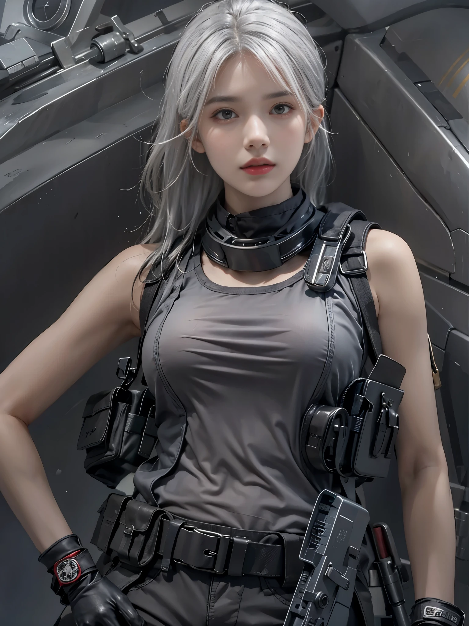 realistic, High resolution, 1 female, alone, hip up, view viewer, (detailed face), gray hair, SWAT vest, gun, jewelry