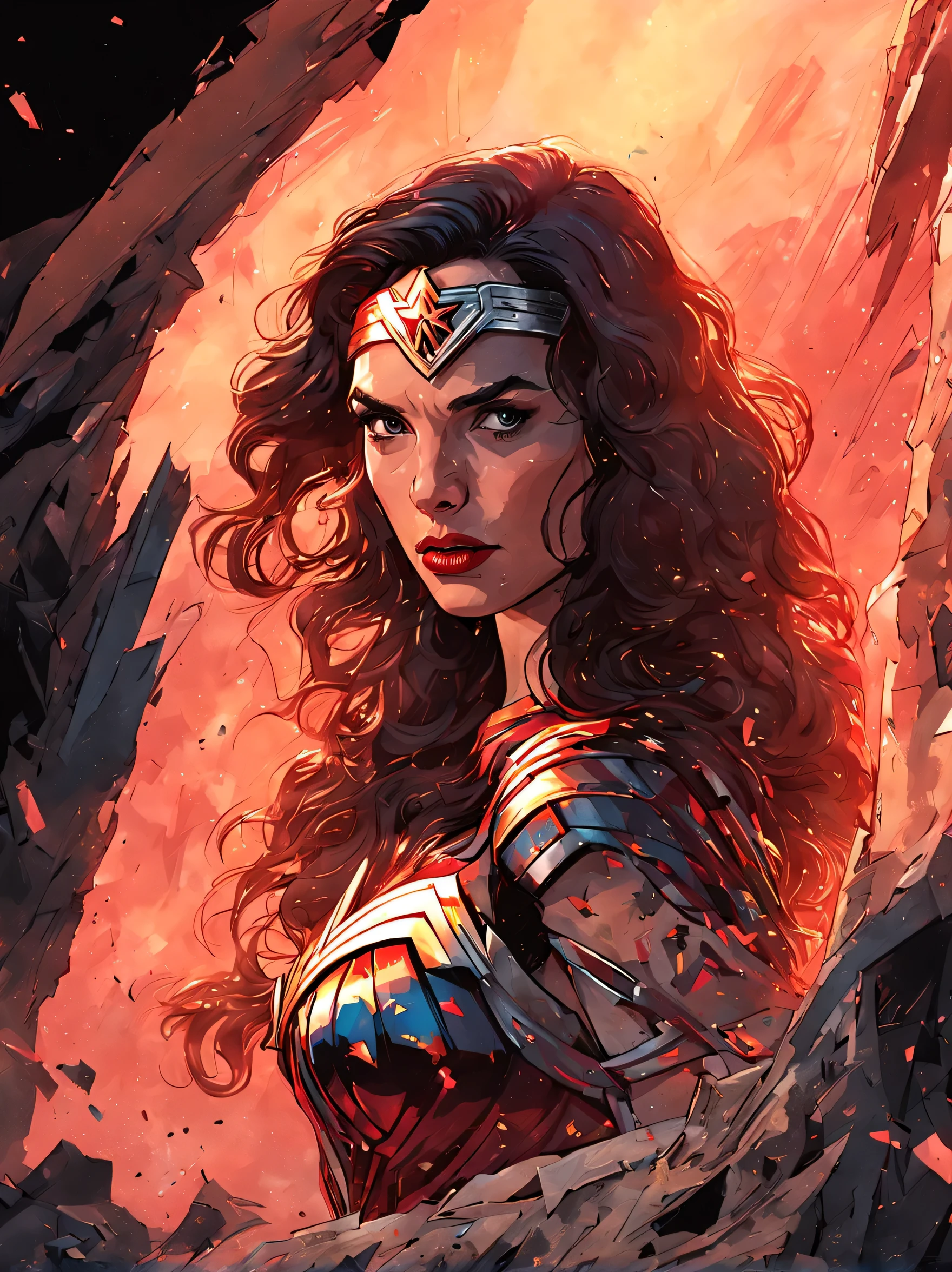 Gal Gadot as Super Wonder Woman wearing veils emerge from the alien spaceship ruins, detailed face, dust and debris in her body, little bit visible bruised skin, insanely detailed and intricate, realistic 80's TV Show style