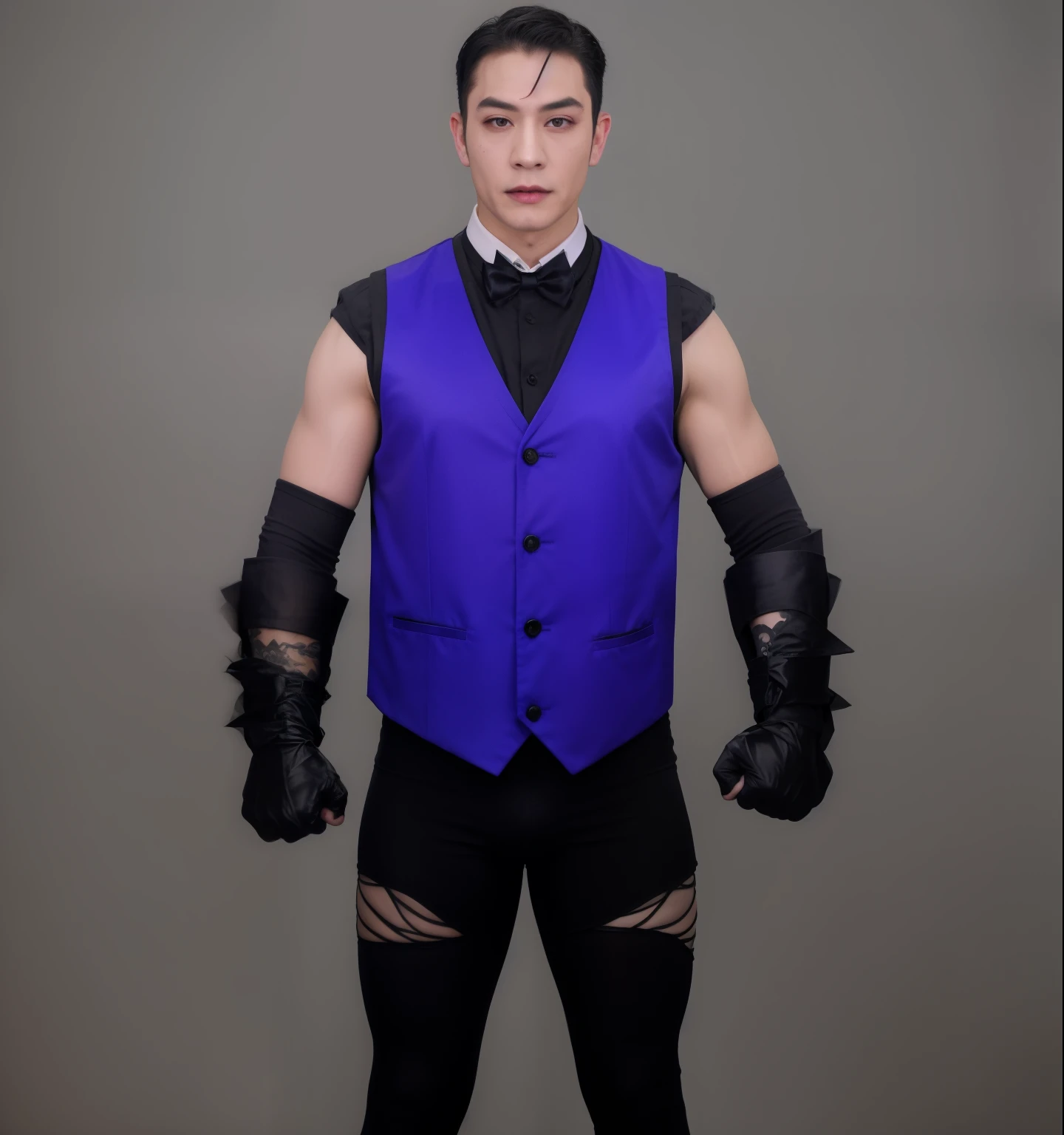 ((masterpiece, best quality))asian man black short hair pointed white ears with white face makeup with blood running down mouth like a vampire, wearing a black cloth shirt with silky purple vest an a white bowtie, wearing black gloves arm bracelets and elbow pads, wrestling tights with bat image on them photo realistic, intricate details