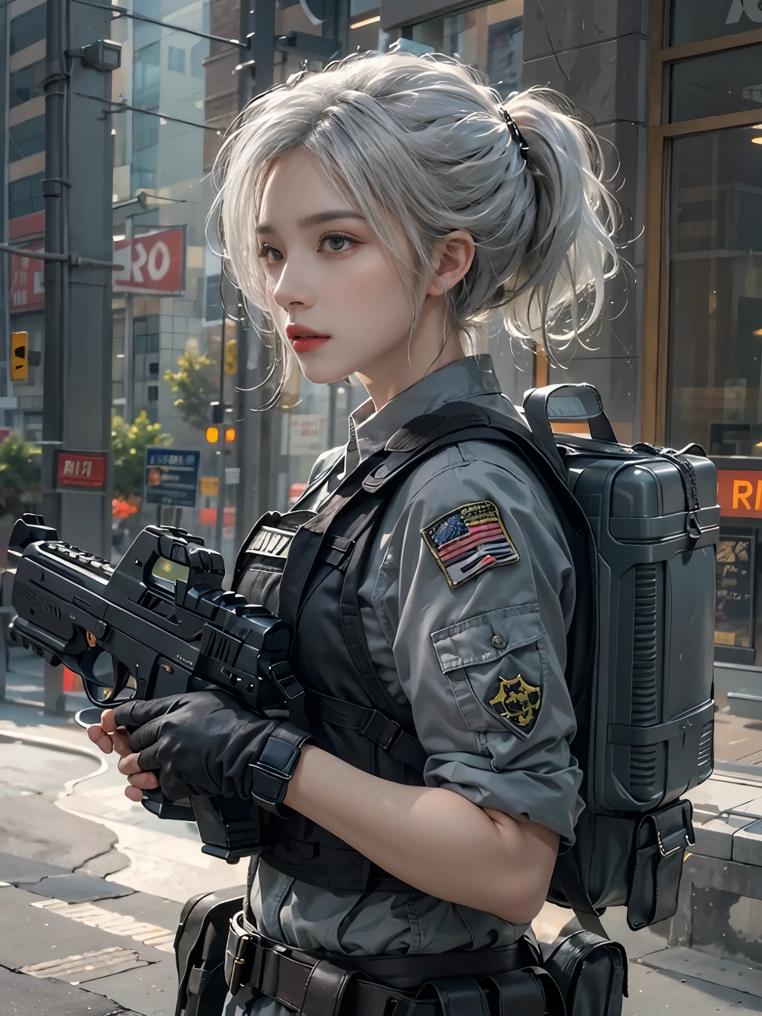 realistic, High resolution, 1 female, alone, hip up, view viewer, (detailed face), gray hair, SWAT vest, gun, jewelry