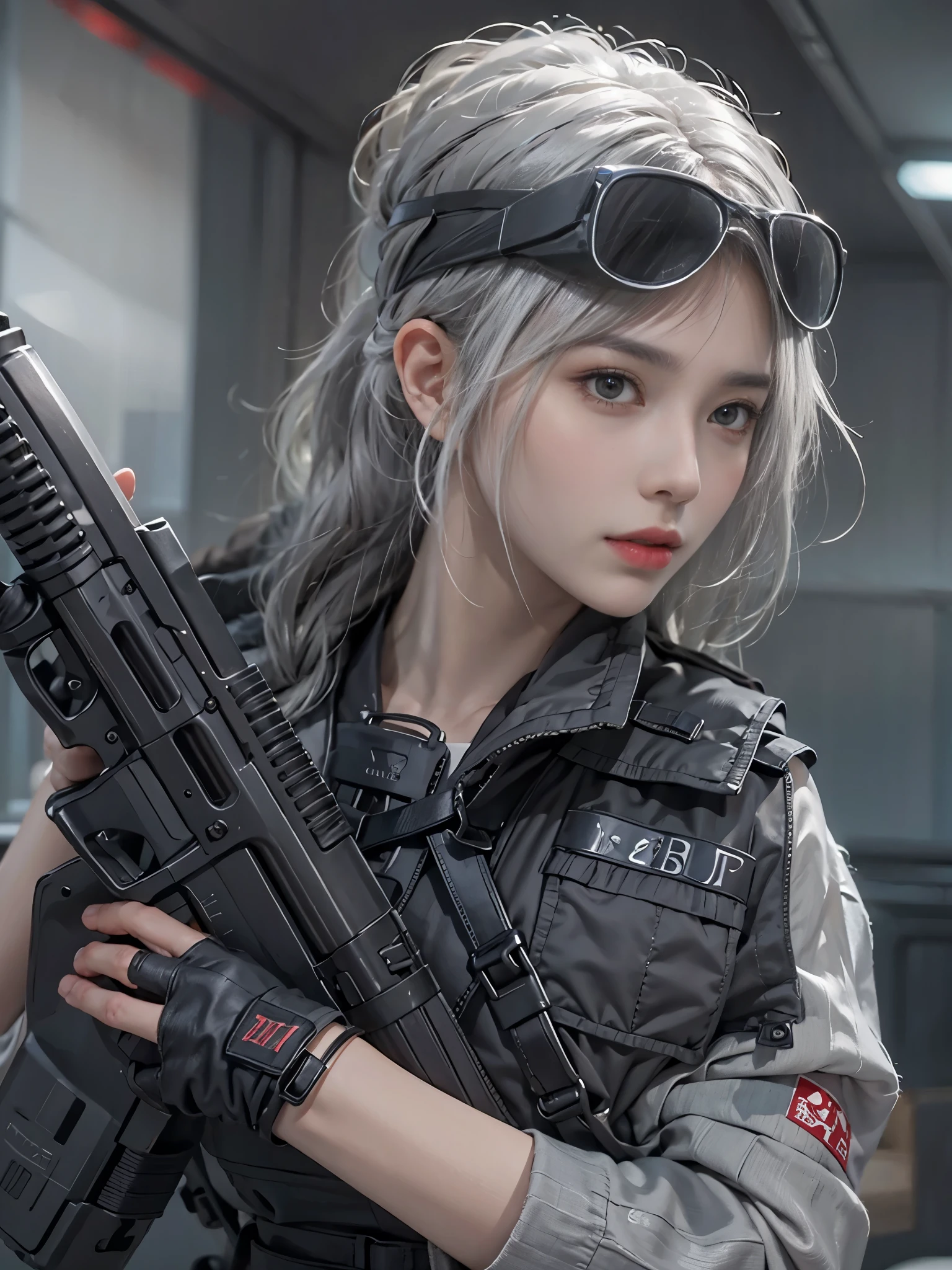 realistic, High resolution, 1 female, alone, hip up, view viewer, (detailed face), gray hair, SWAT vest, gun, jewelry