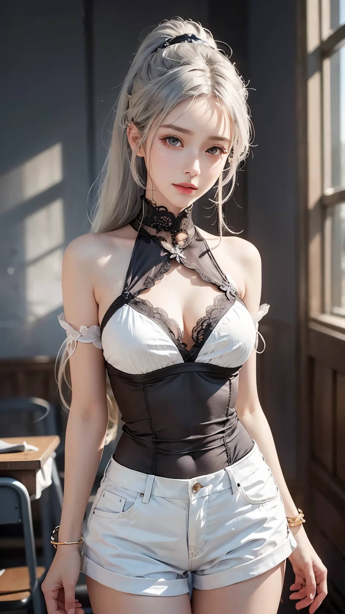 (thin eyebrows)、((Very strong sunshine))、((((beautiful silver hair))))、((small head))、(beautiful silver hair with short wavy:1.2)、full body shot、(((8K, RAW photo)))、 (((The face is cosplayer Enako))),(Shot from above in high-definition 8K)、(very delicate and beautiful)、(masterpiece)、(highest quality:1.0)、(超A high resolution:1.0)、realistic shadow、[High resolution]、 fine skin、super detailed、(beautiful hair)、Photoreal、lifelike face、big breasts thin waist、realistic eyes、small eyes、(((between the breasts)))、(eyeliner)、(mascara)、 Lips with pink lips、((very happy smile))、show your shoulders、Complex patterns and transparent materials、Artistic depiction of a fascinating woman, Accentuates an attractive silhouette。That scene is、、sunbathing under the hot sun、Makes you feel the delicate beauty and charm of nature。(((intricate details))、advanced details、choker、NSFW,((highest quality、8K、masterpiece:1.3))、sharp focus:1.2、 (((Patent black and silver corset)))、