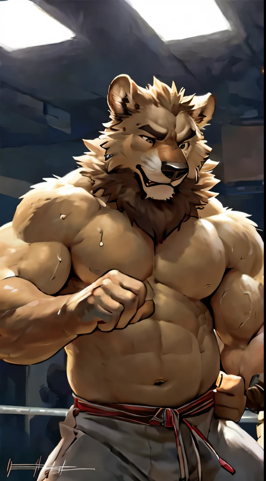 (ultra quality):1.4, color, smooth comics style, martial art, (by takemoto arashi, by meesh, by Taran Fiddler), two characters, anthro lion, anthro wolf, muscles:1, athletic build, slim, abs, vascular veins, anime martial arts, sweat, strong:1 masuline, boxing ring, fighting:1 scene, (body blow):1.4 punching, throwing blows, dynamic:1 scene, punching stomach, gut punching, (fist punching:1 stomach, fist touching stomach, fist over stomach):1.4, punching each other dick out